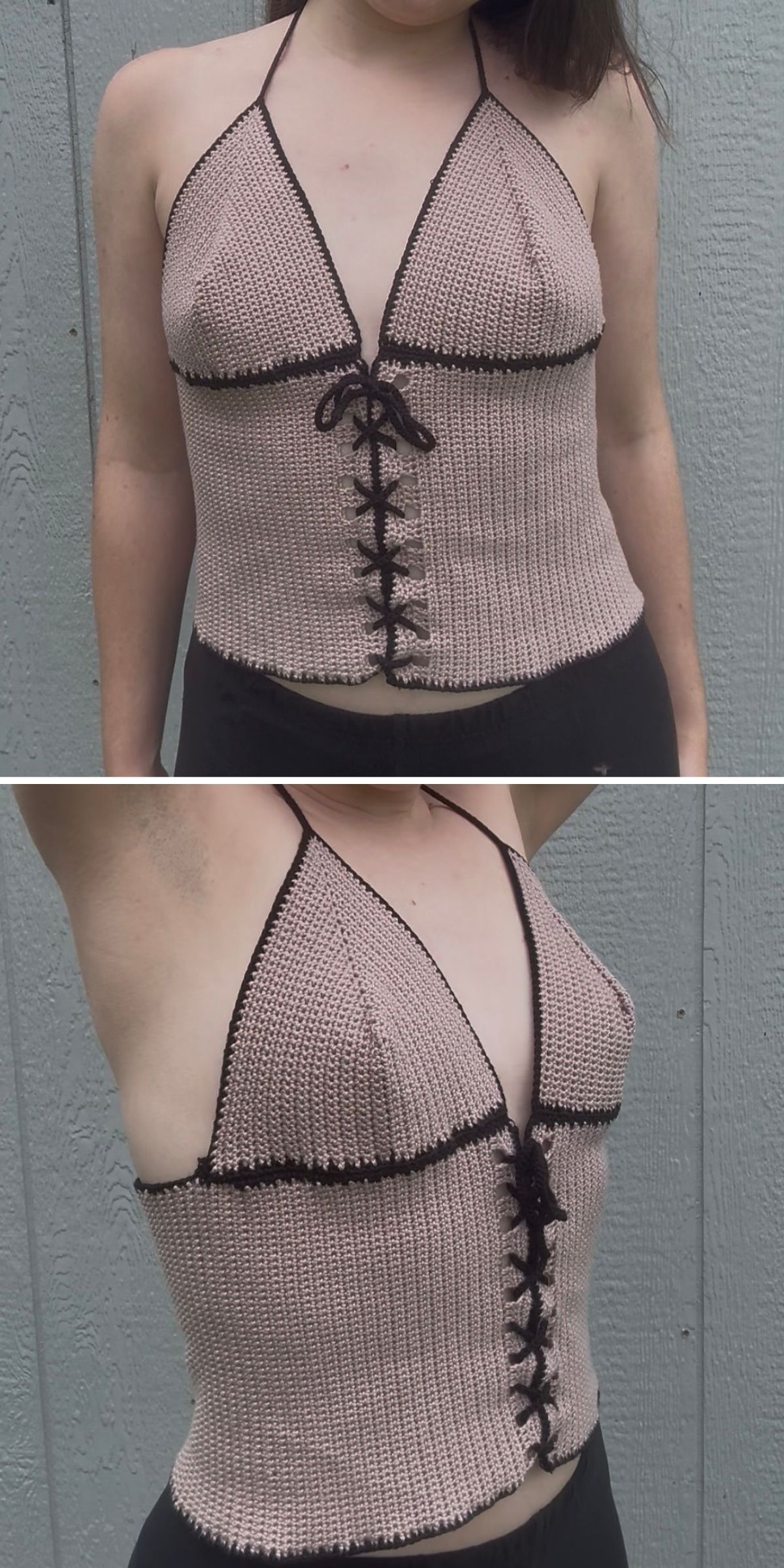 A person wearing a crochet tank top styled as a knitted halter with a lace-up front and black trim, shown from the front and side against a gray wall.