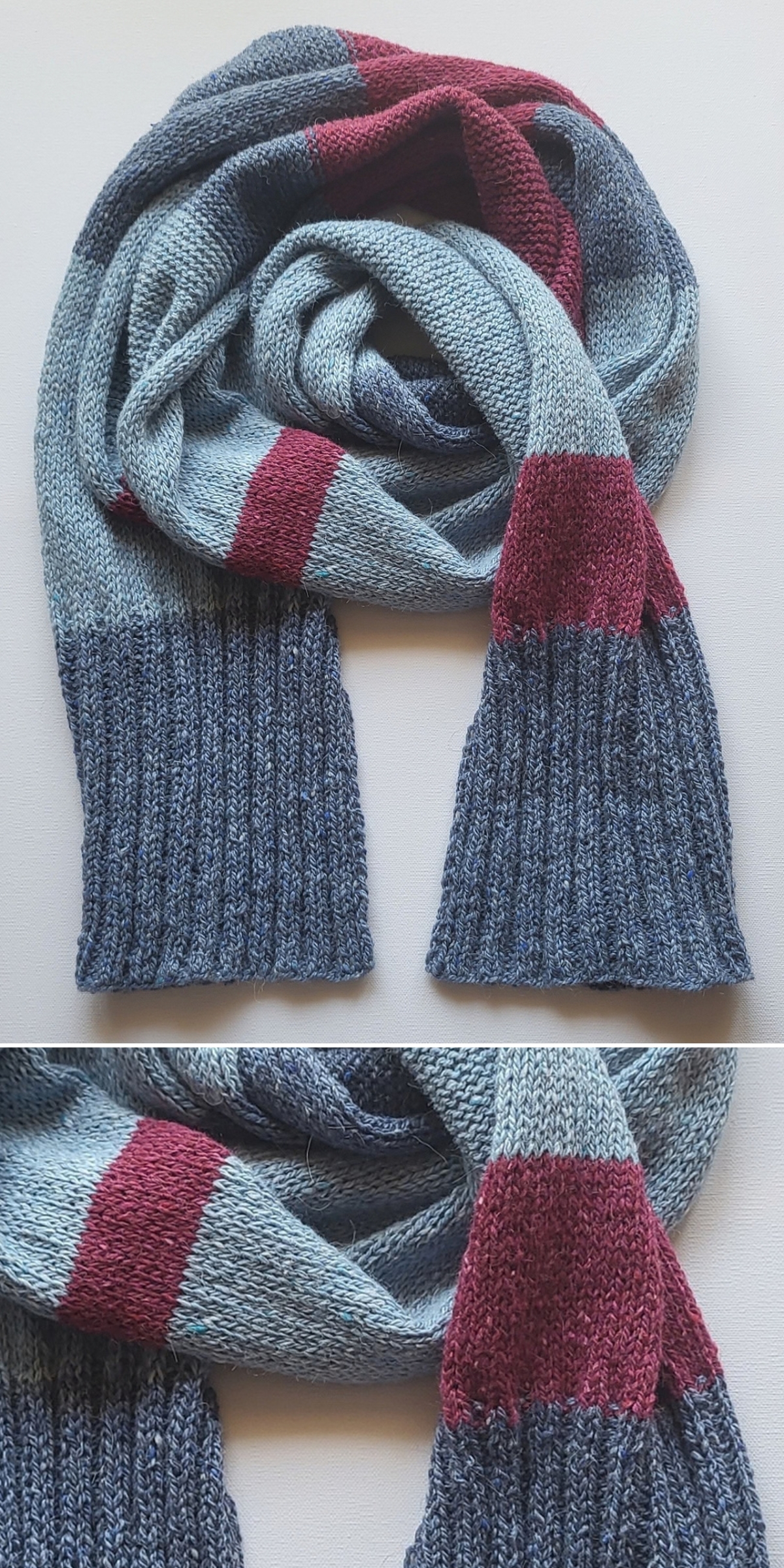 A knit scarf featuring alternating wide blue and smaller maroon stripes, displayed flat with one close-up showing the detailed knit texture and rich color.
