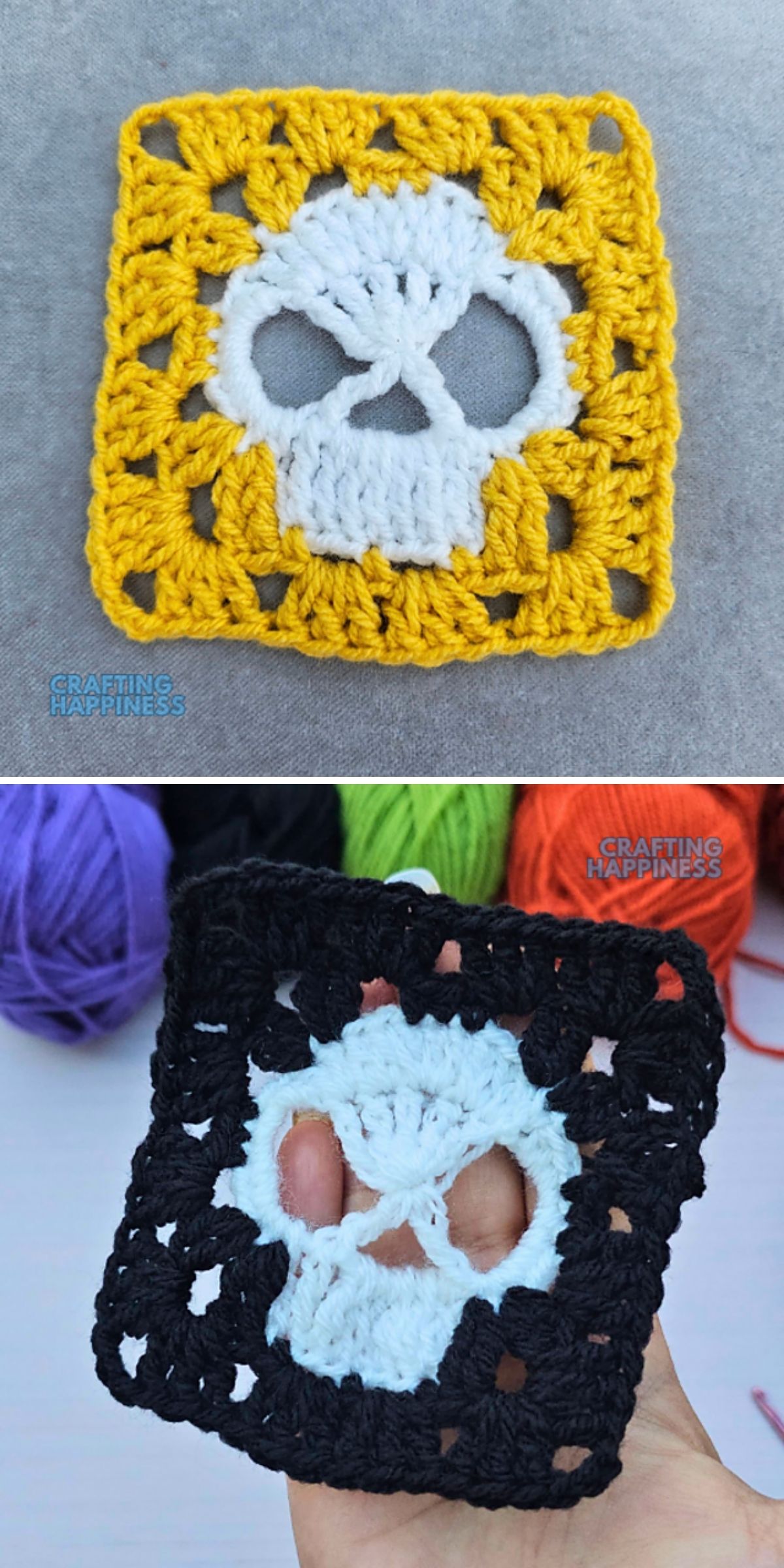 Two crochet granny squares with skull patterns — a perfect crochet Halloween square design — one in yellow and white, the other in black and white, displayed with yarn in the background.