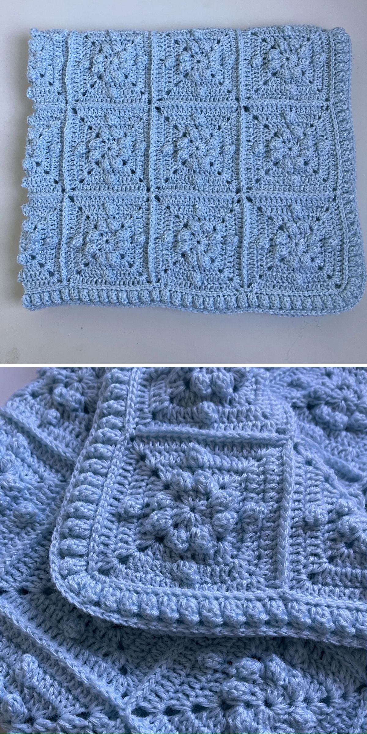 A blue crochet blanket made of light blue yarn, crafted from joined granny squares, is shown folded and in a close-up view to highlight its intricate texture and pattern.