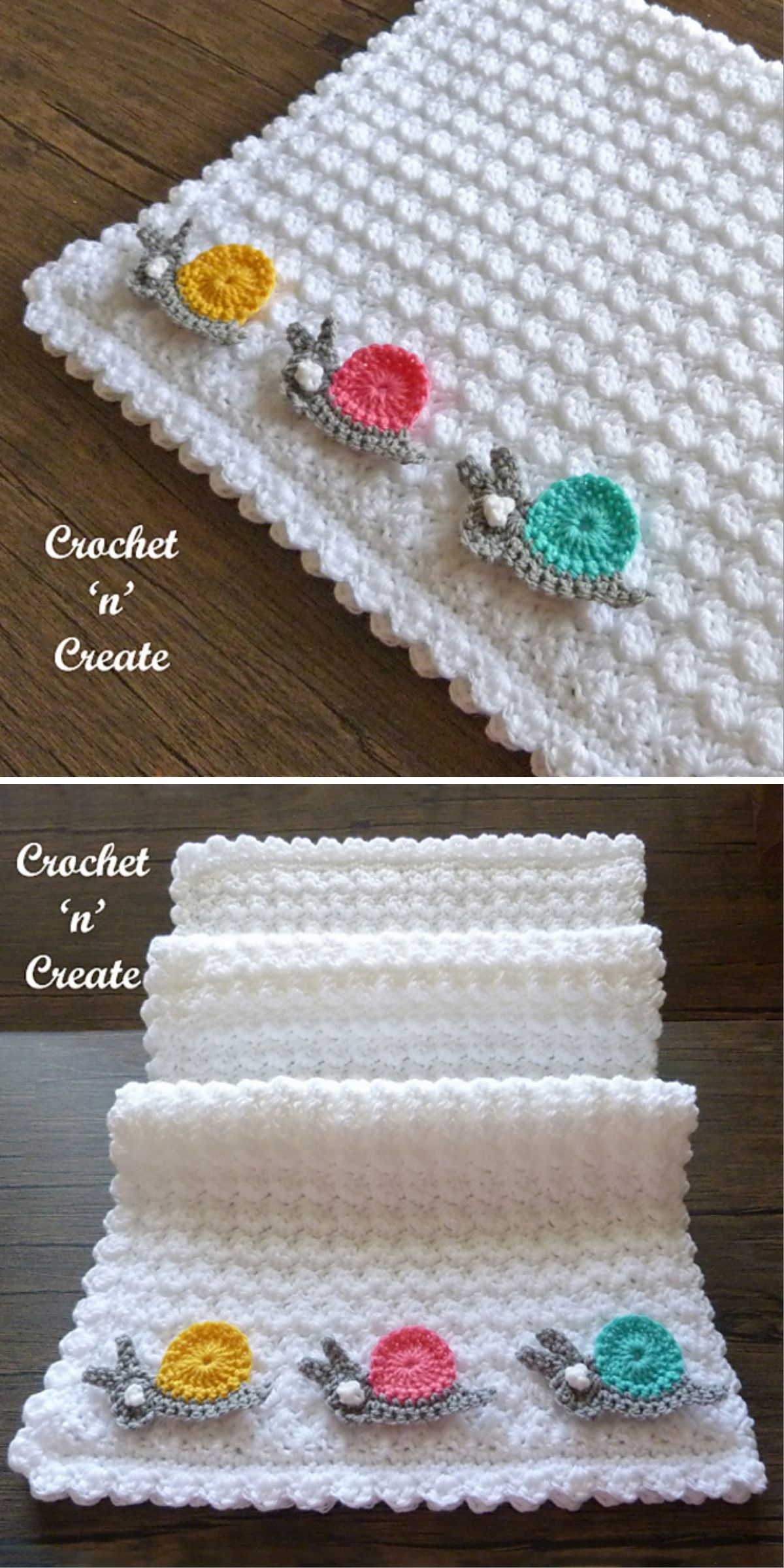 White crocheted baby blanket featuring three colorful crochet animal square snail appliqués—yellow, pink, and turquoise—adorned along one edge; finished with delicate scalloped borders.