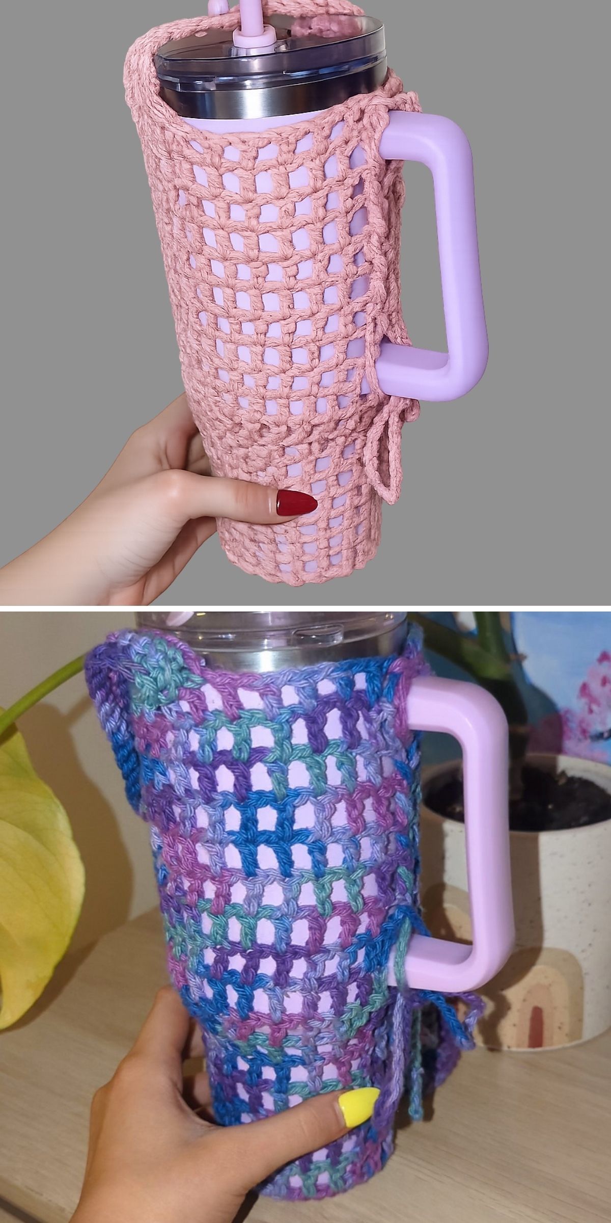 Two images show a hand holding a tall tumbler with a handle; each features a crochet mug cozy as a sleeve—one pink, the other multicolored. The hand has painted nails, red in the first image, yellow in the second.