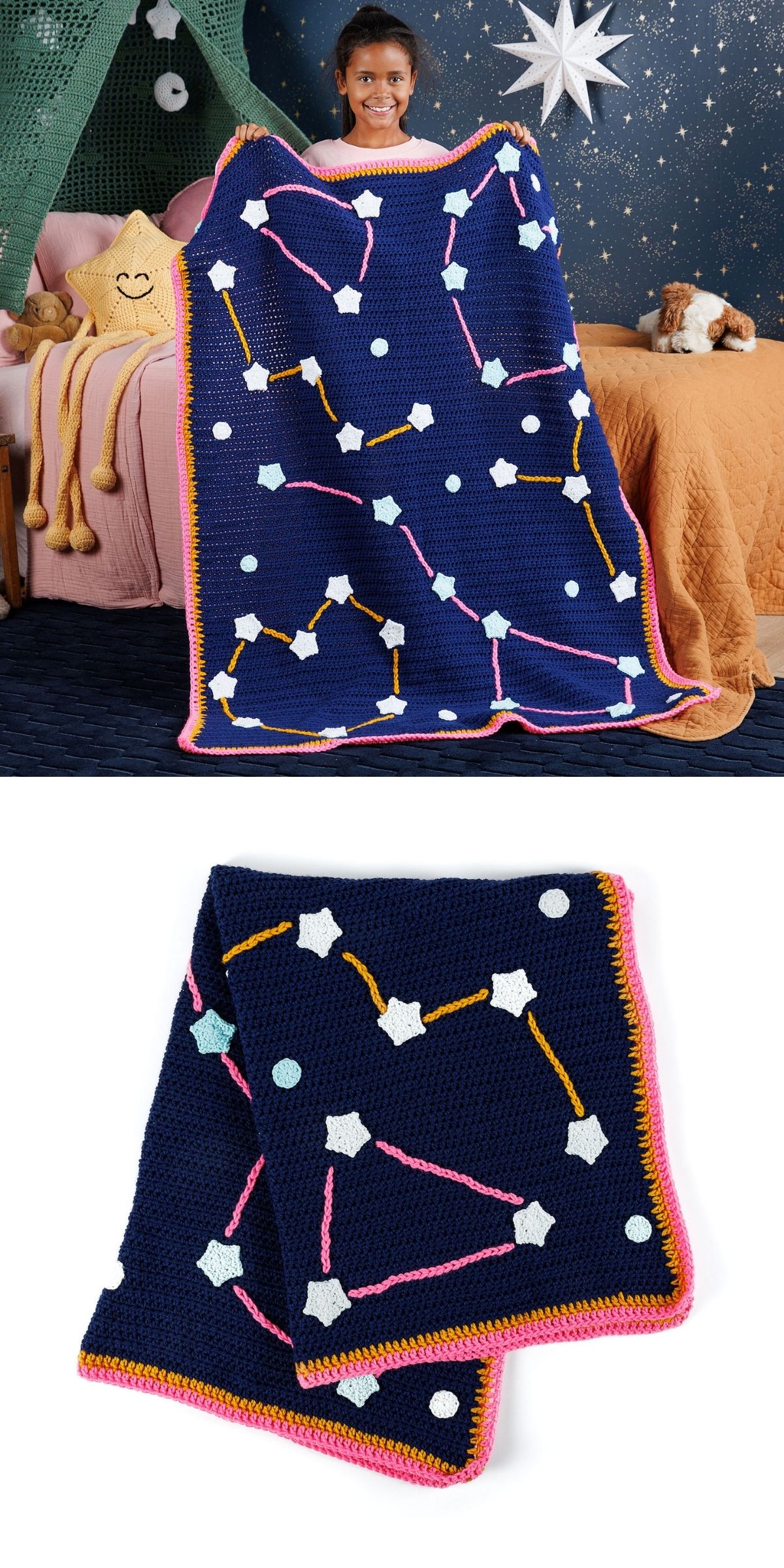 A child holds a blue crochet blanket adorned with colorful star constellations and a pink border; the blue crochet blanket is also shown folded.