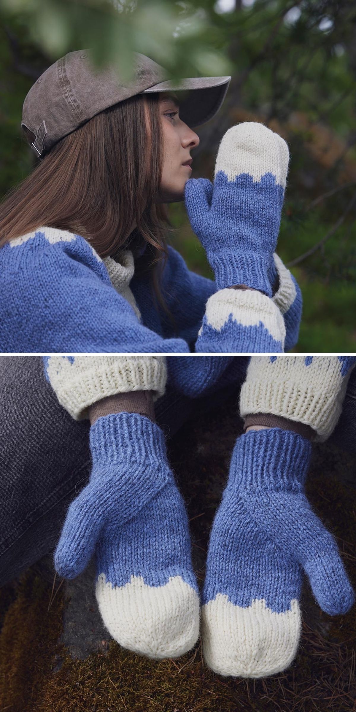 A person wearing a blue and white knit sweater and matching knitted mittens sits outdoors, with a close-up of the knitted mitten shown below.