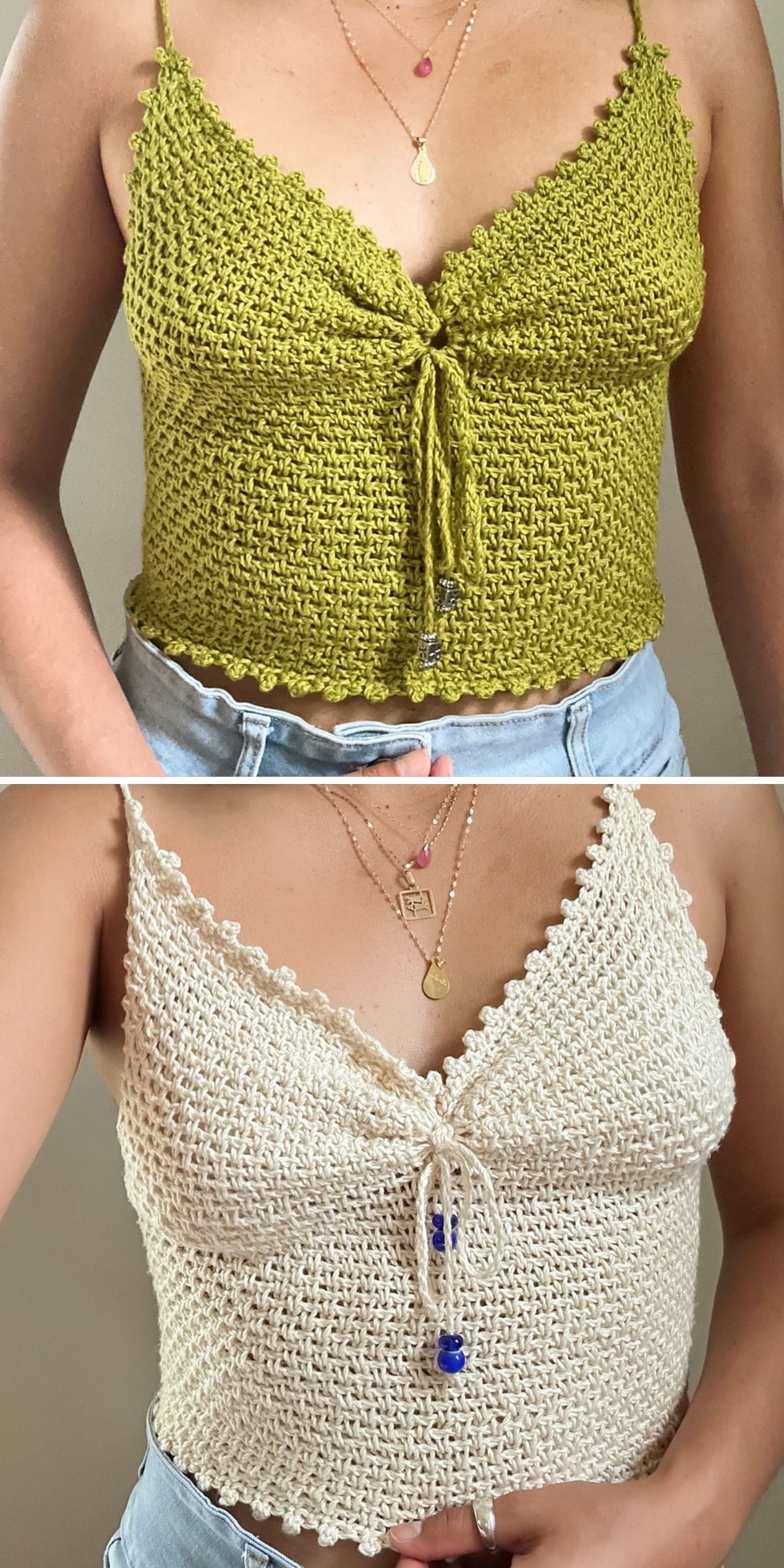 Two photos show a person wearing a crochet tank top in green and another in cream, both sleeveless with a front tie and paired with light blue jeans.