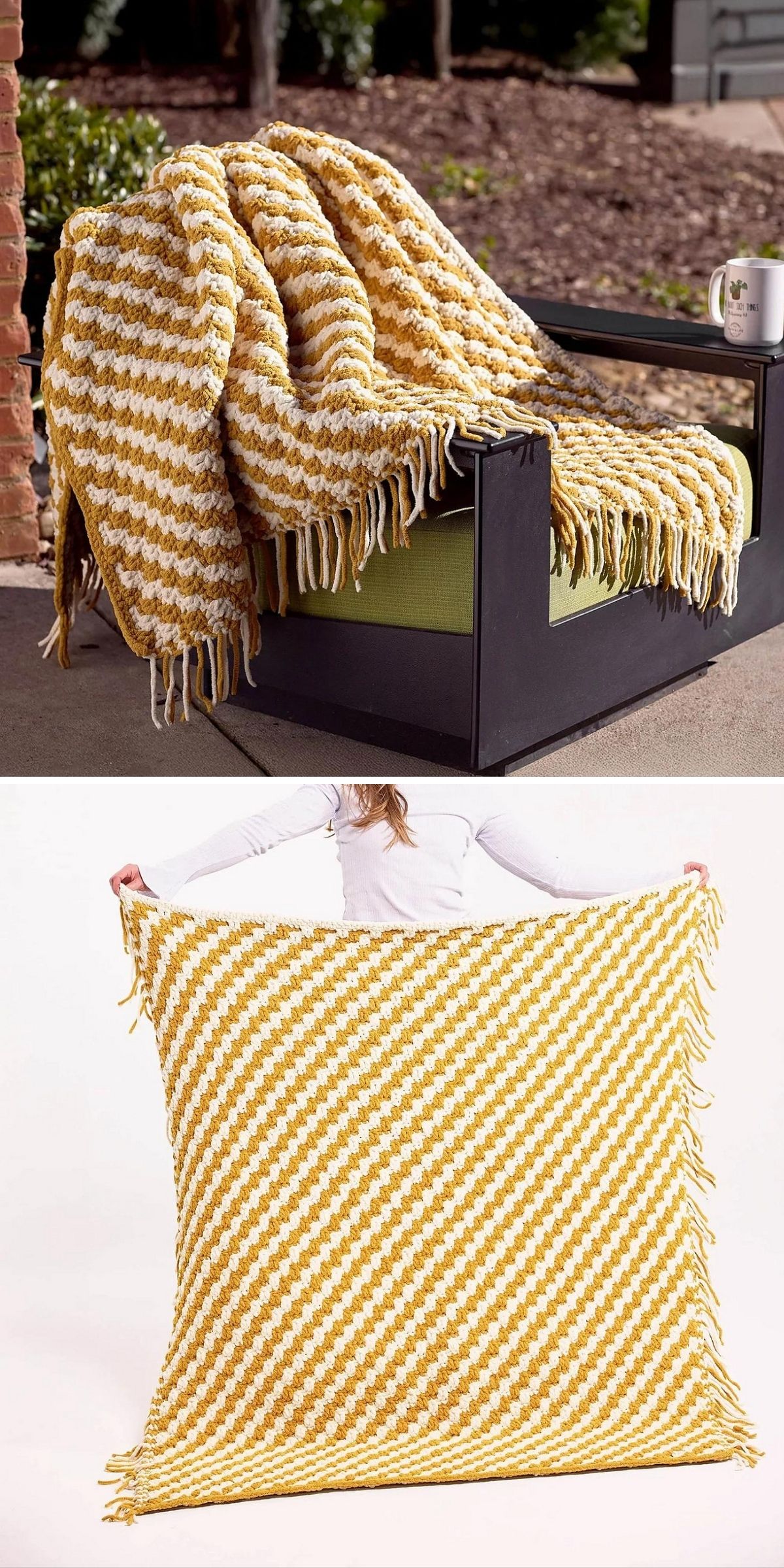 A yellow and white houndstooth-patterned throw blanket with fringe, reminiscent of a crochet chunky blanket, draped over a chair outside and shown held up flat by a person indoors.