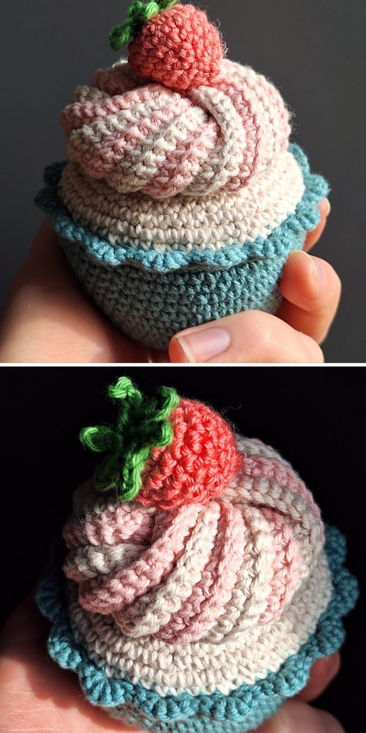 A hand holds a delightful crochet dessert—a crocheted cupcake with swirled pink and white frosting and a small red strawberry on top.