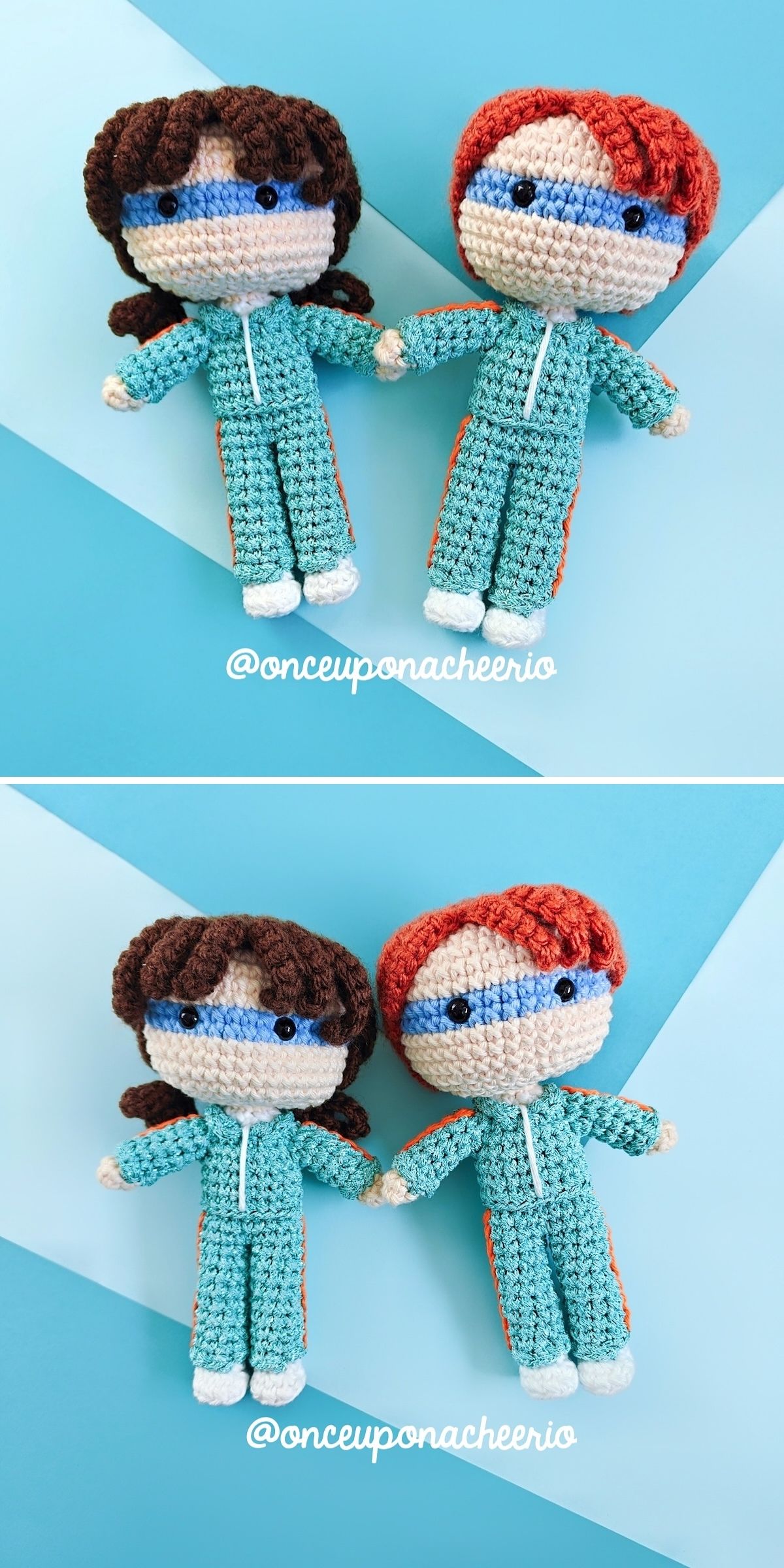 Two crochet dolls in teal scrubs and blue masks are shown holding hands, photographed from two different angles on a blue background.