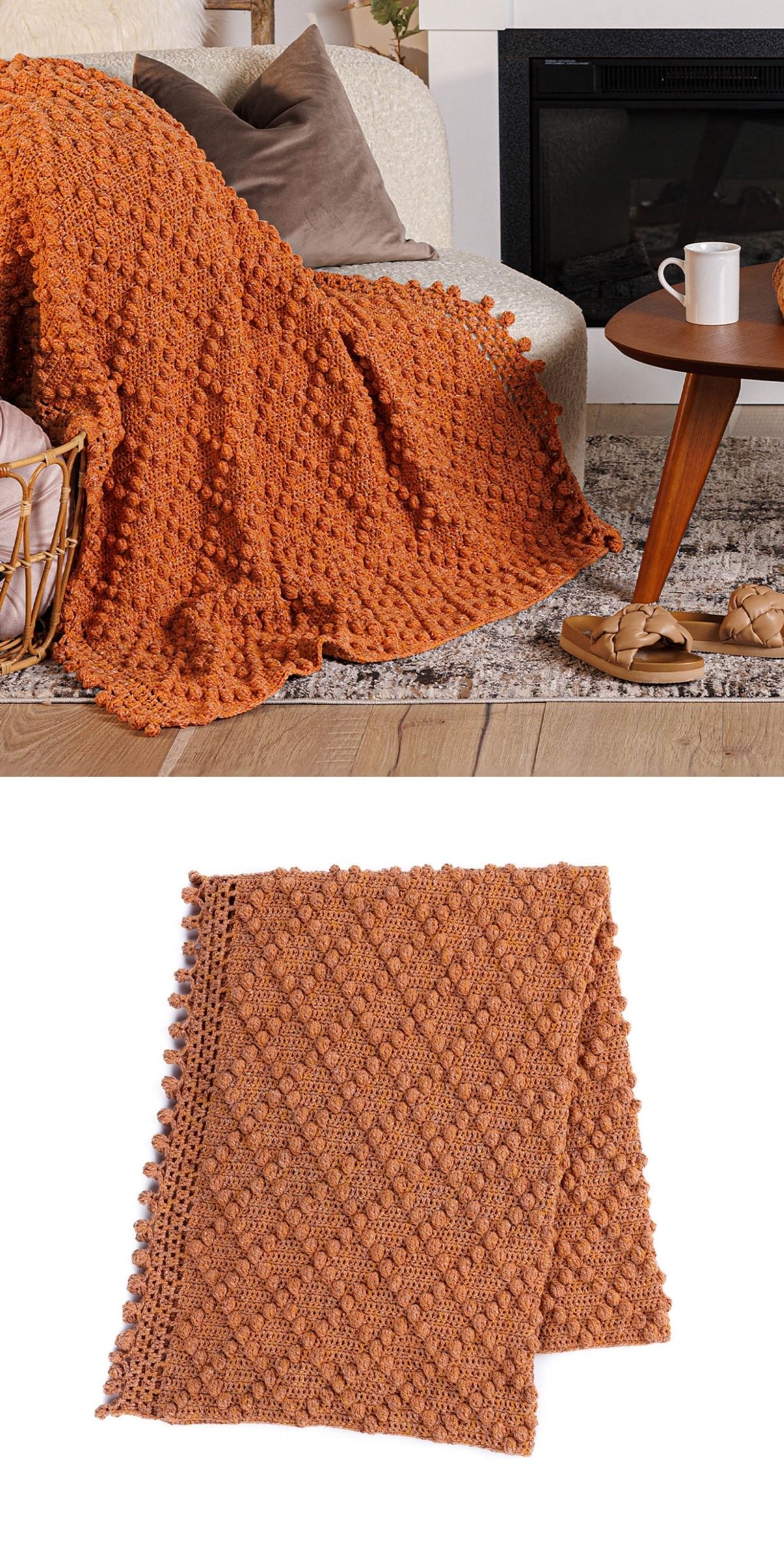 An orange crochet bobble stitch blanket with a textured pattern and pom-pom edges is shown draped over a couch and folded on a white background.