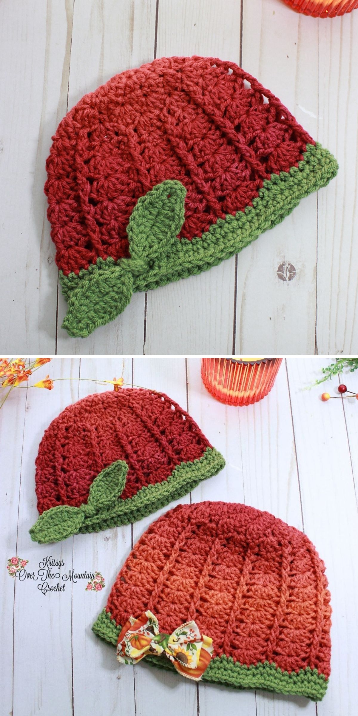 Two pumpkin-themed crochet Halloween hats, one with a green leaf accent and the other with a patterned fabric bow.