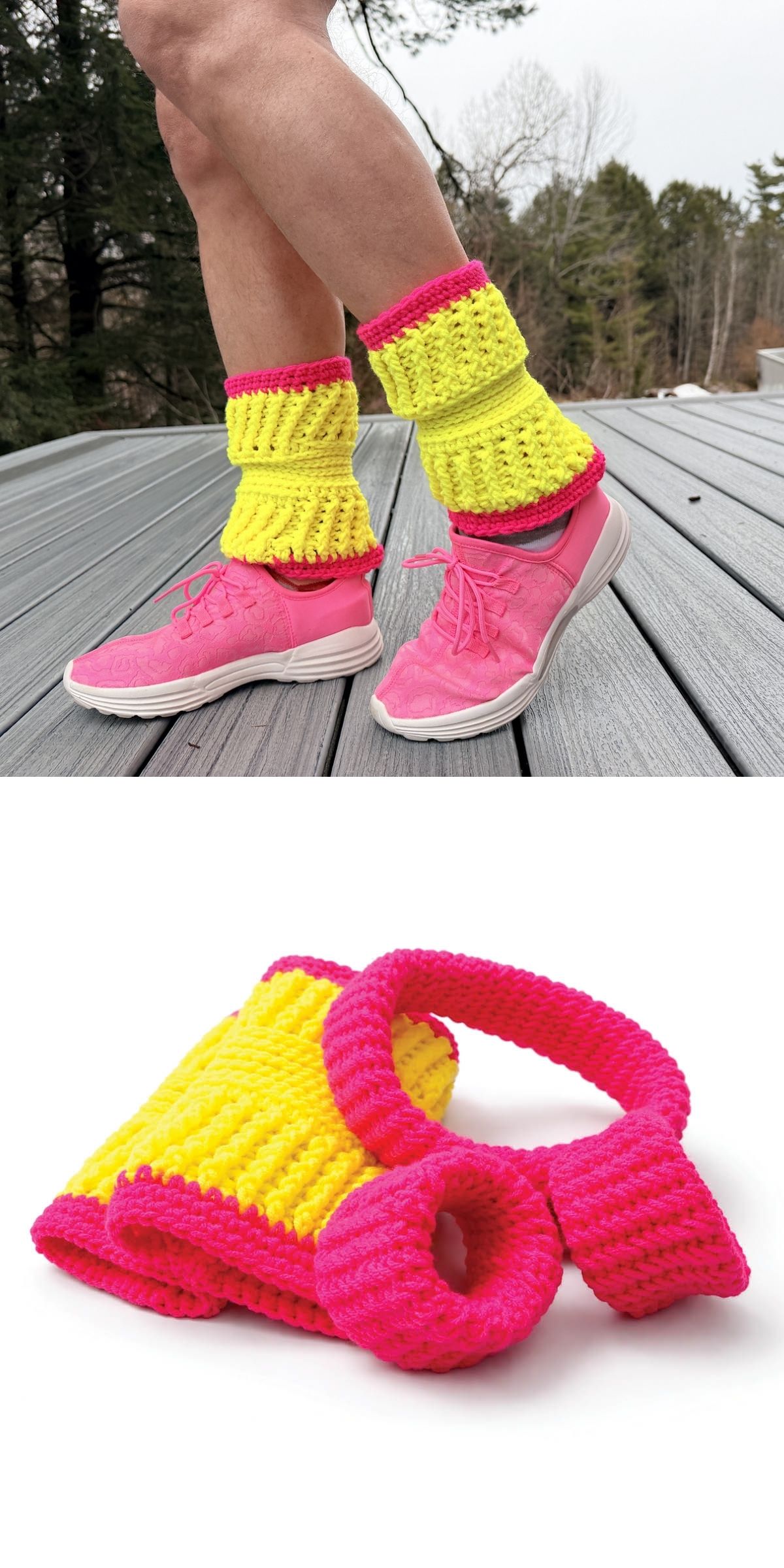 A person wears neon yellow and pink crochet leg warmers and wristbands with pink sneakers. The second image shows the same crochet accessories displayed on a white surface.