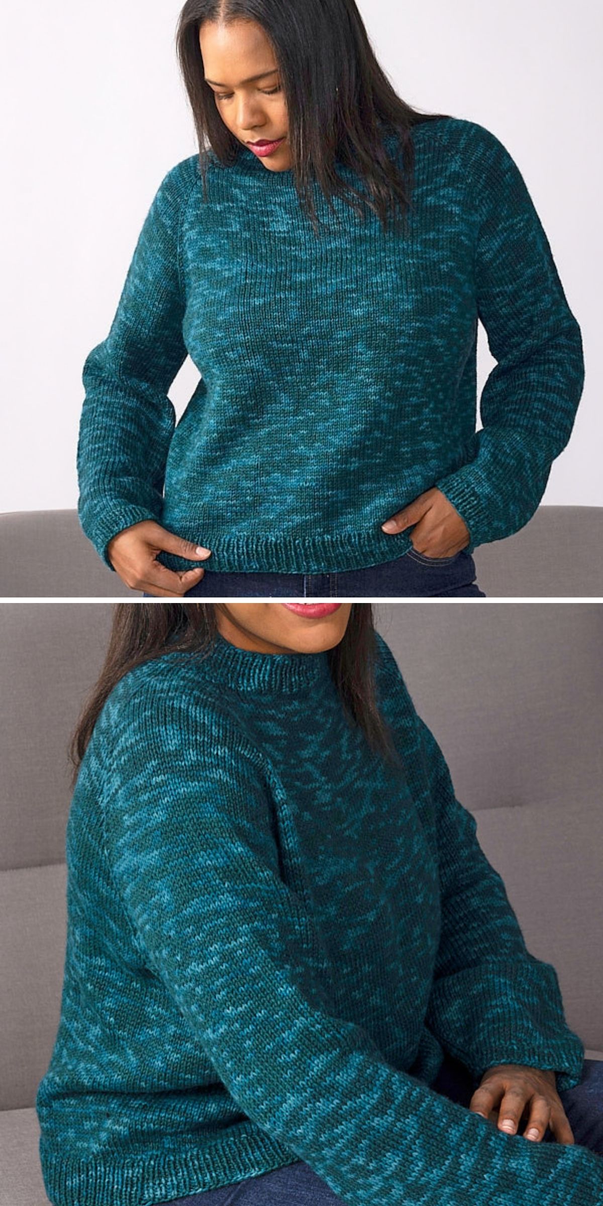 A woman models a cozy knit sweater in teal and dark blue patterns, standing and sitting on a gray couch to show the sweater from different angles.