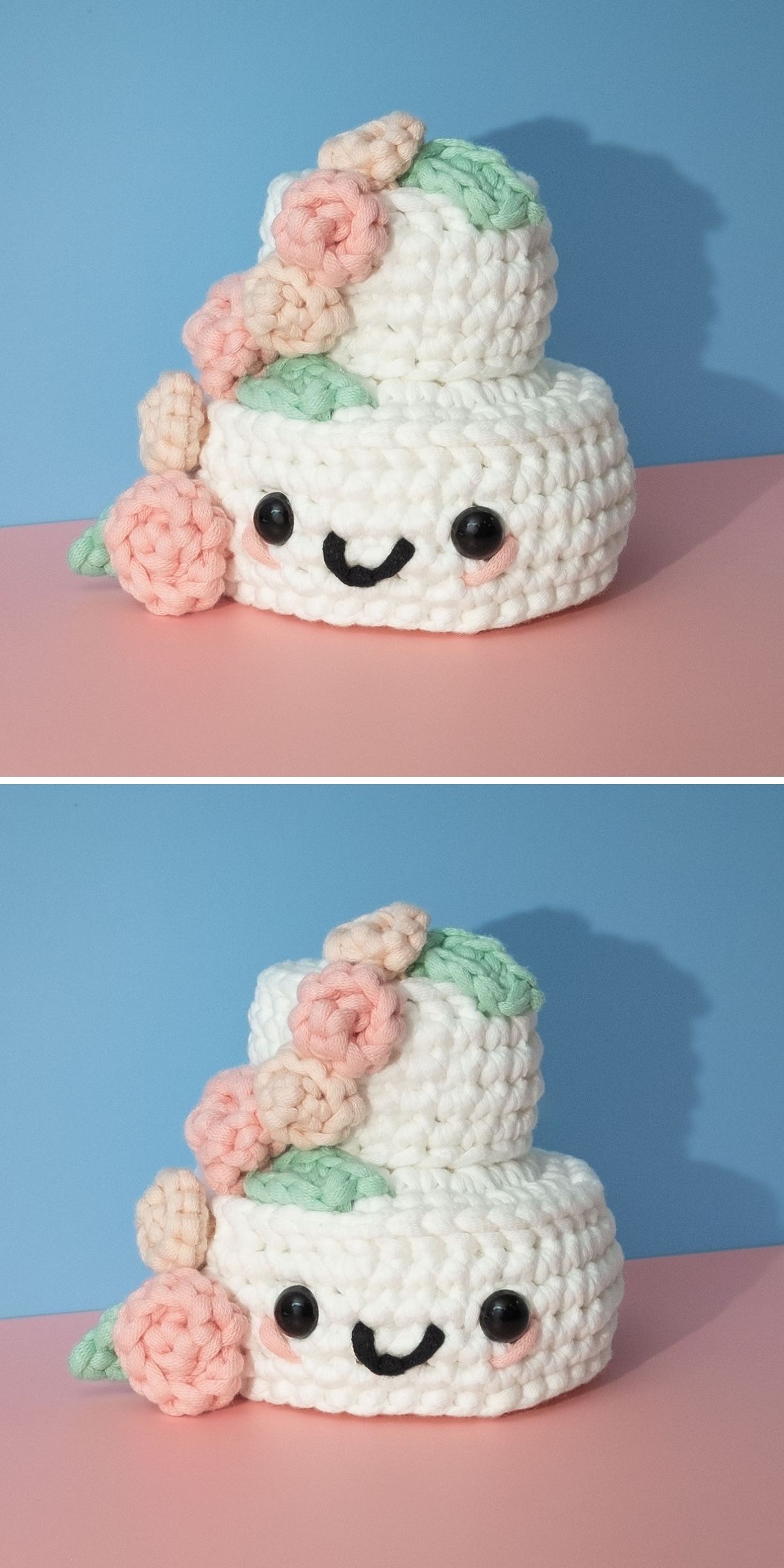 Two images of a tiered, white crochet dessert cake plushie with a smiling face, decorated with light pink and green crochet flowers.