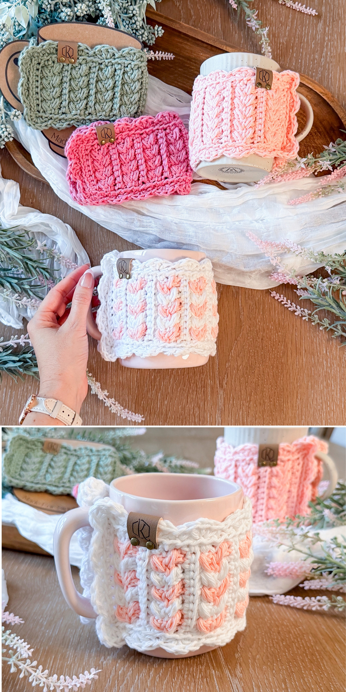 Three ceramic mugs adorned with crochet mug cozies in pastel shades are displayed on a wooden surface with greenery and fabric accents. In the lower image, a hand holds a mug wrapped in a white and pink crochet mug cozy, adding warmth and charm to the scene.