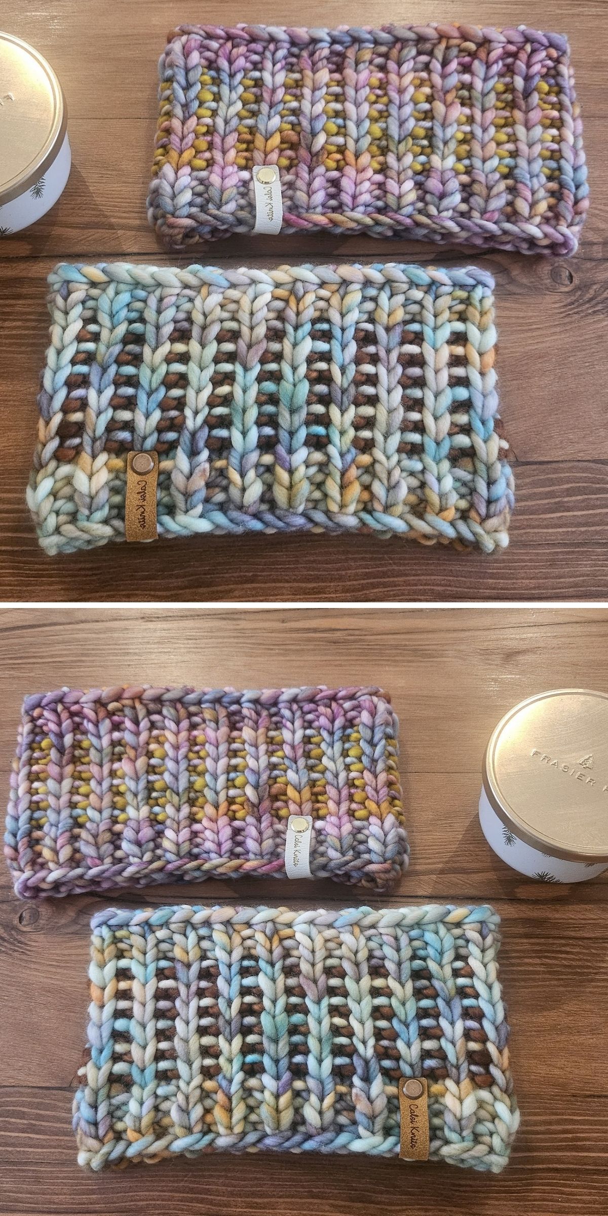 Two chunky knit headbands in variegated pastel and earth-tone yarn, each featuring a small branded leather tag.