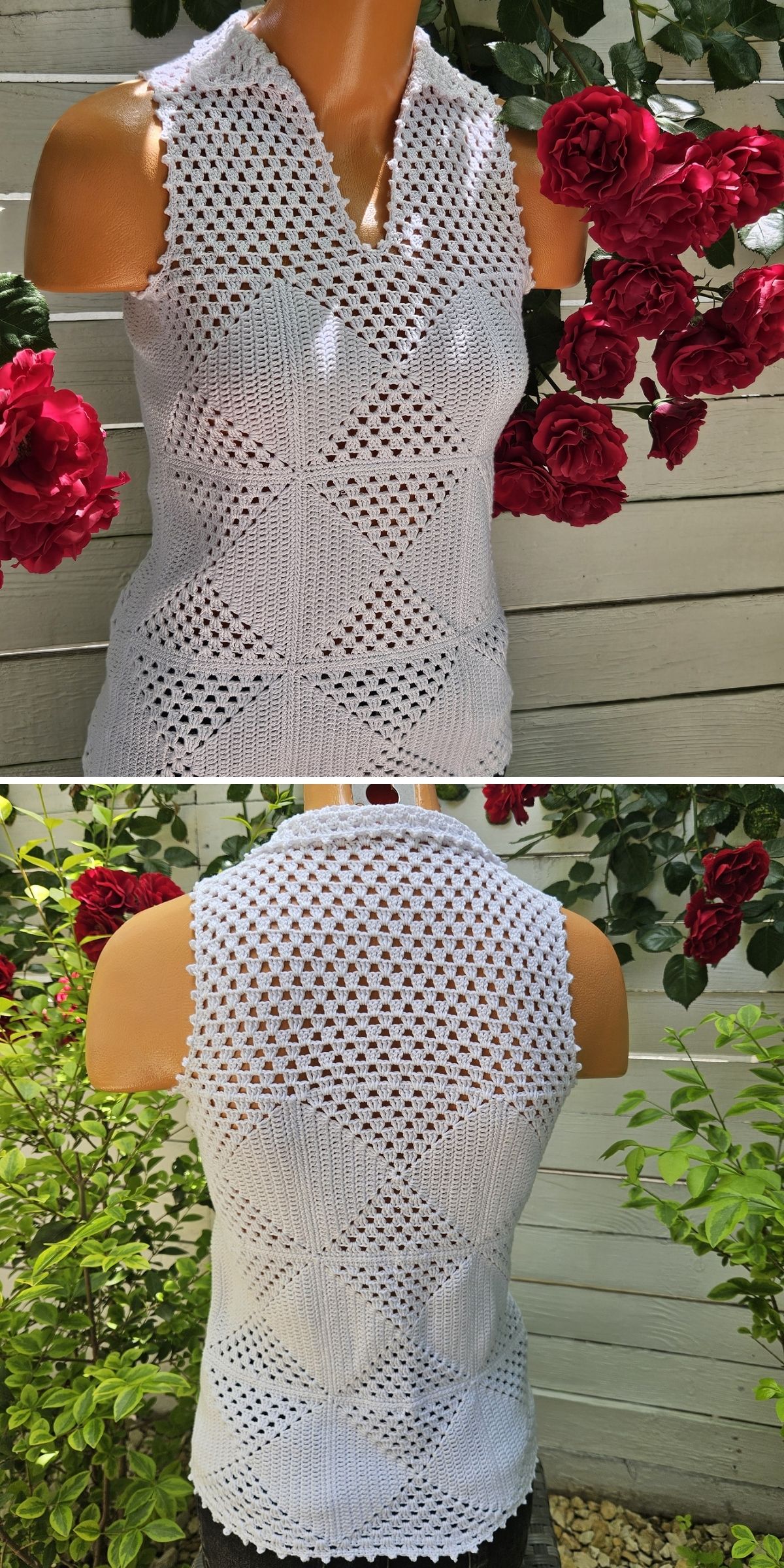 Sleeveless white crochet tee displayed on a mannequin in front of a white wooden wall with red roses; features a mix of openwork and solid patterns on the front and back.