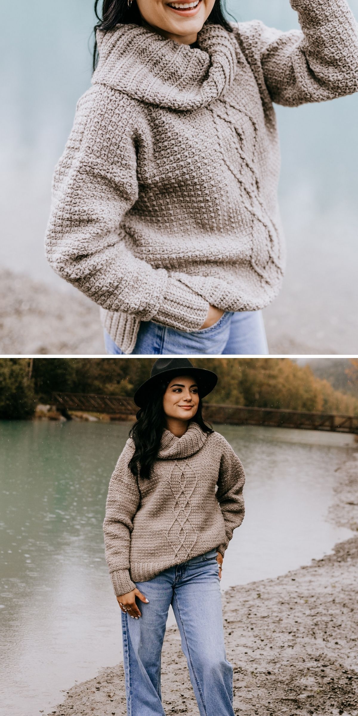 A woman wearing a tan crochet cowl-neck cable-knit sweater and blue jeans stands on a lakeshore.