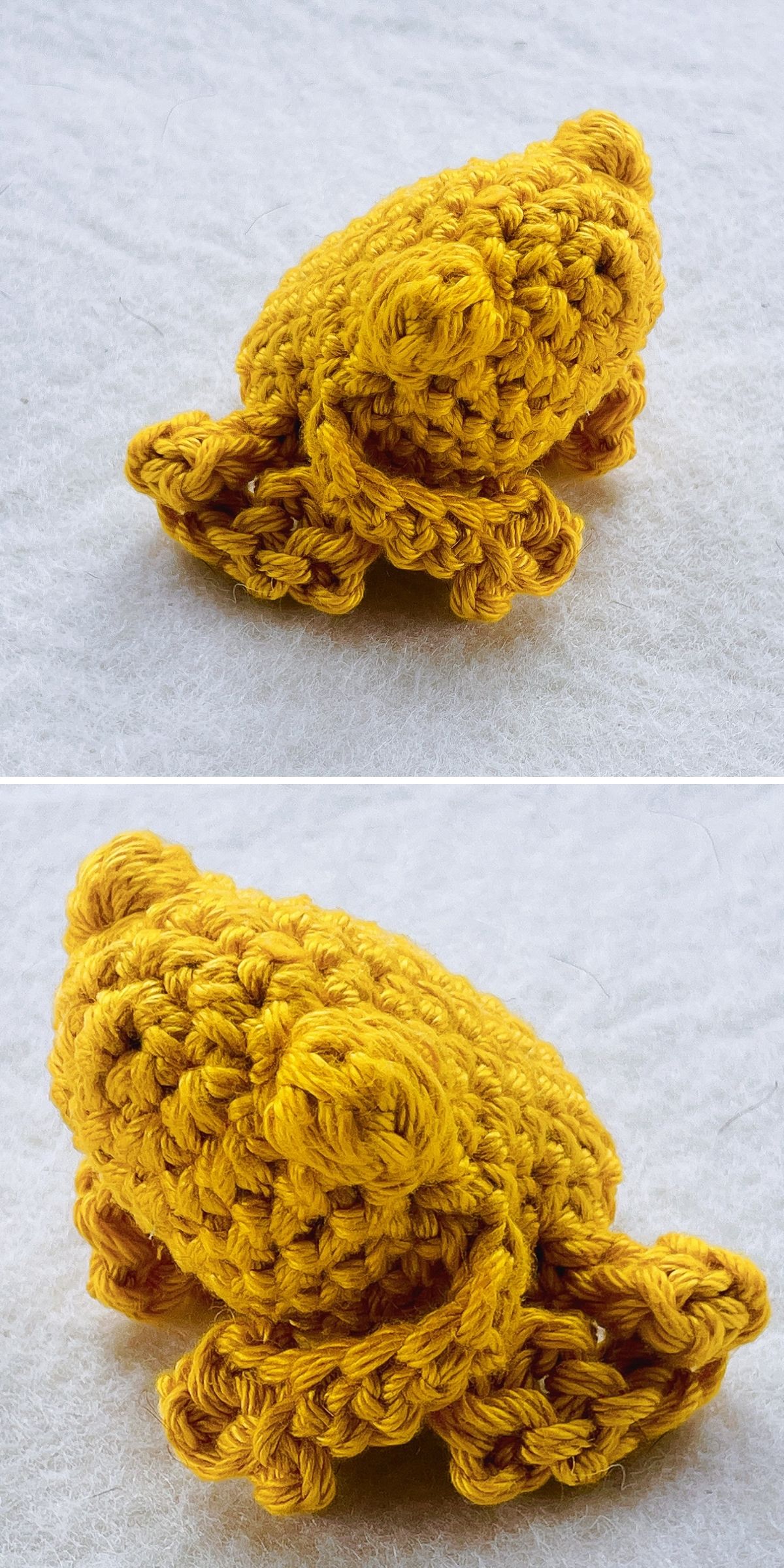 Two views of a small, yellow frog created using crochet frog patterns.