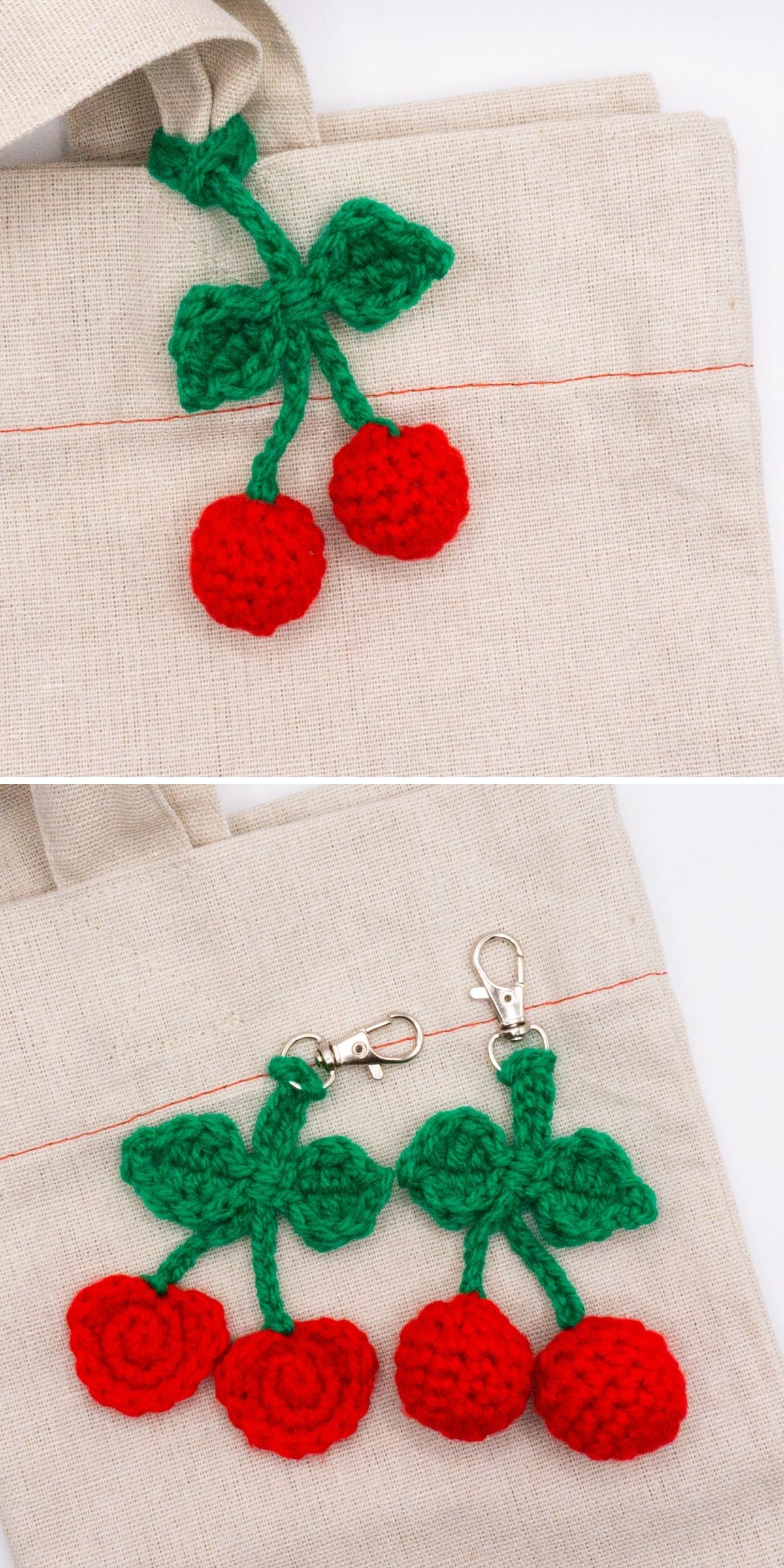 Two images of a beige canvas tote bag decorated with crocheted cherry keychains featuring red fruit and green leaves.