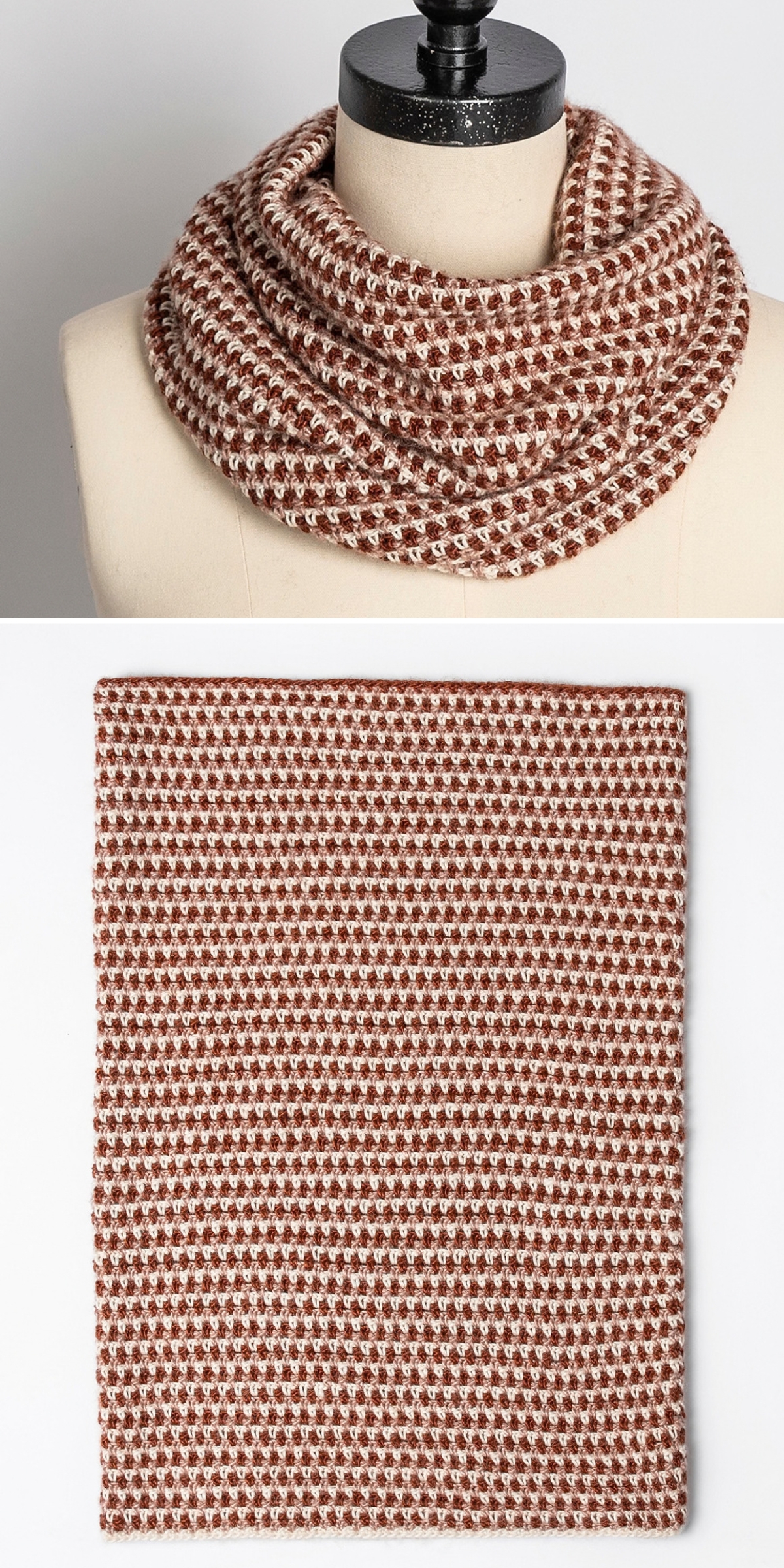 A brown and cream textured crochet cowl pattern infinity scarf shown on a mannequin and laid flat.