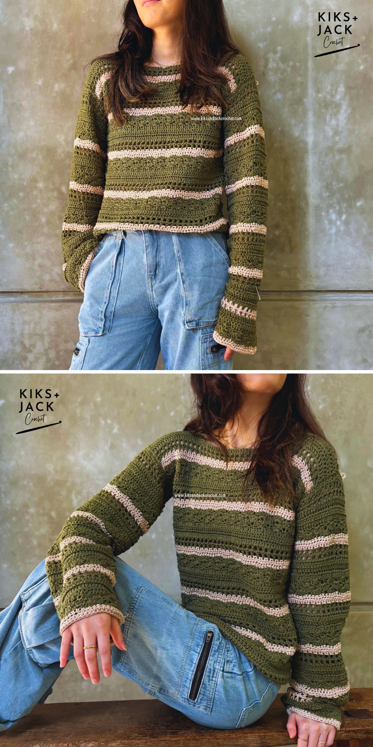 A person wearing a long-sleeved, olive green and beige striped crochet sweater paired with blue cargo jeans.