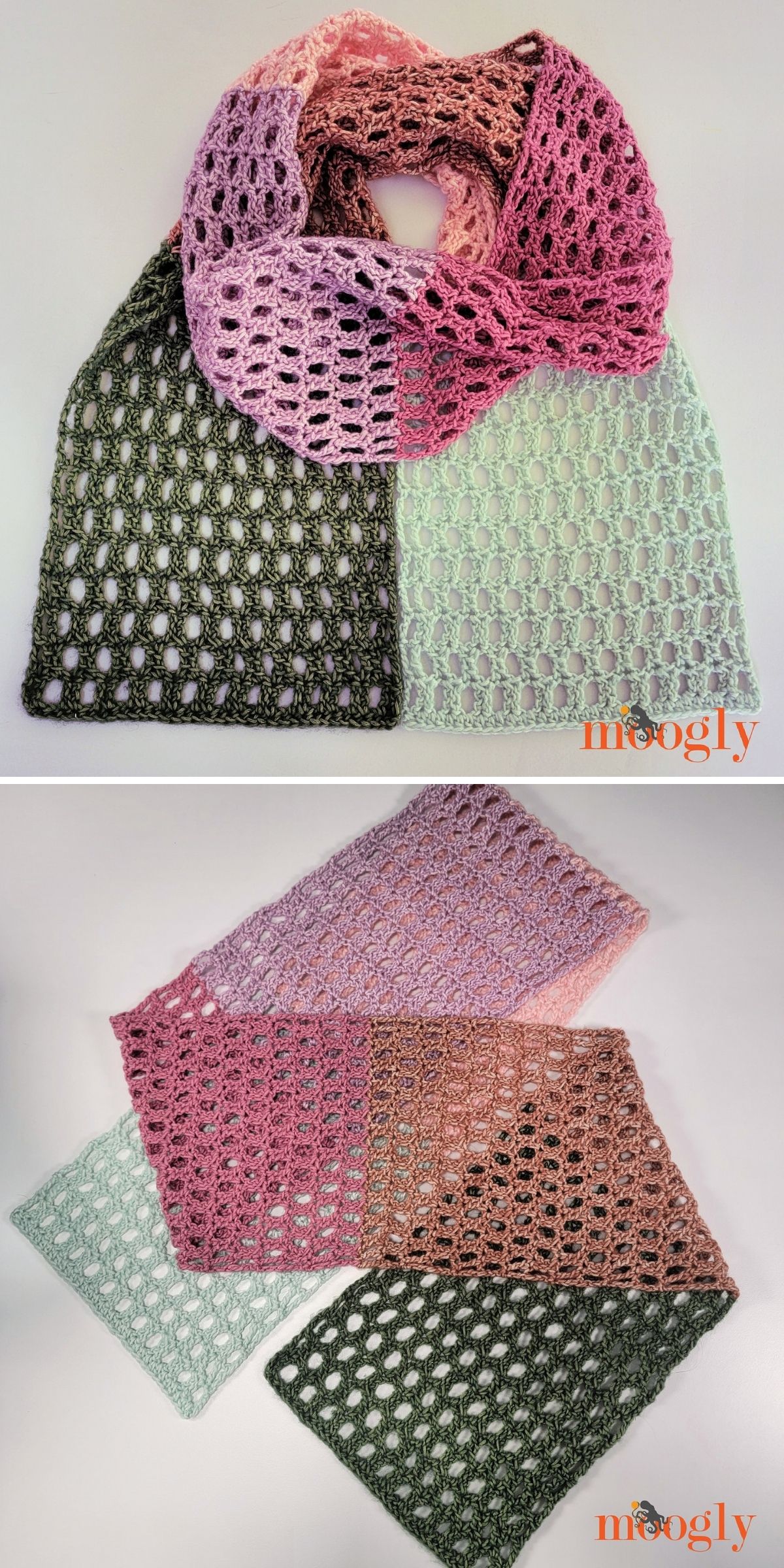 Two views of a long crochet scarf featuring an open-stitch design with color-blocked panels in shades of green, pink, and brown.