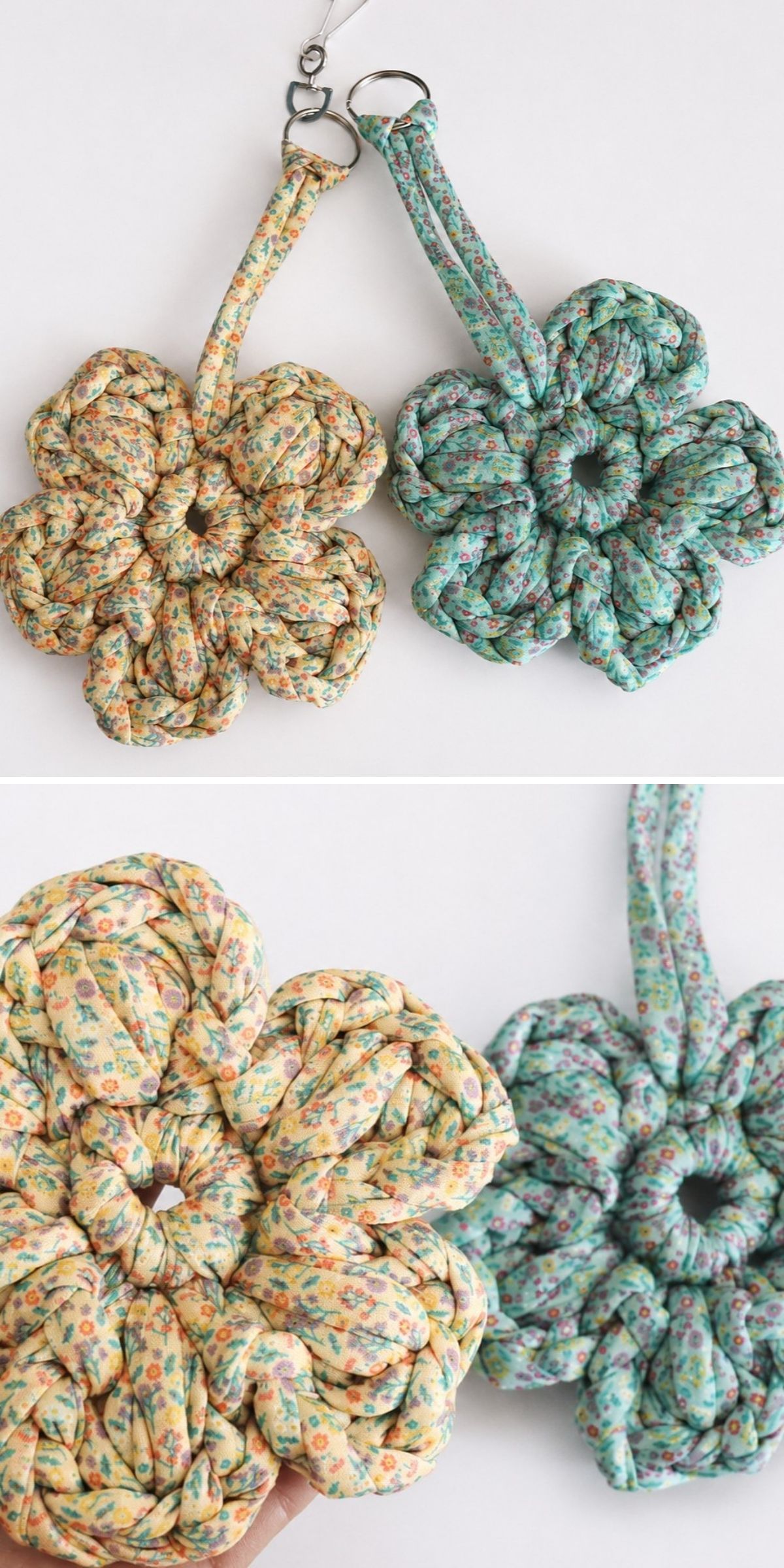 Two flower-shaped crochet keychain designs in yellow and teal floral patterns.