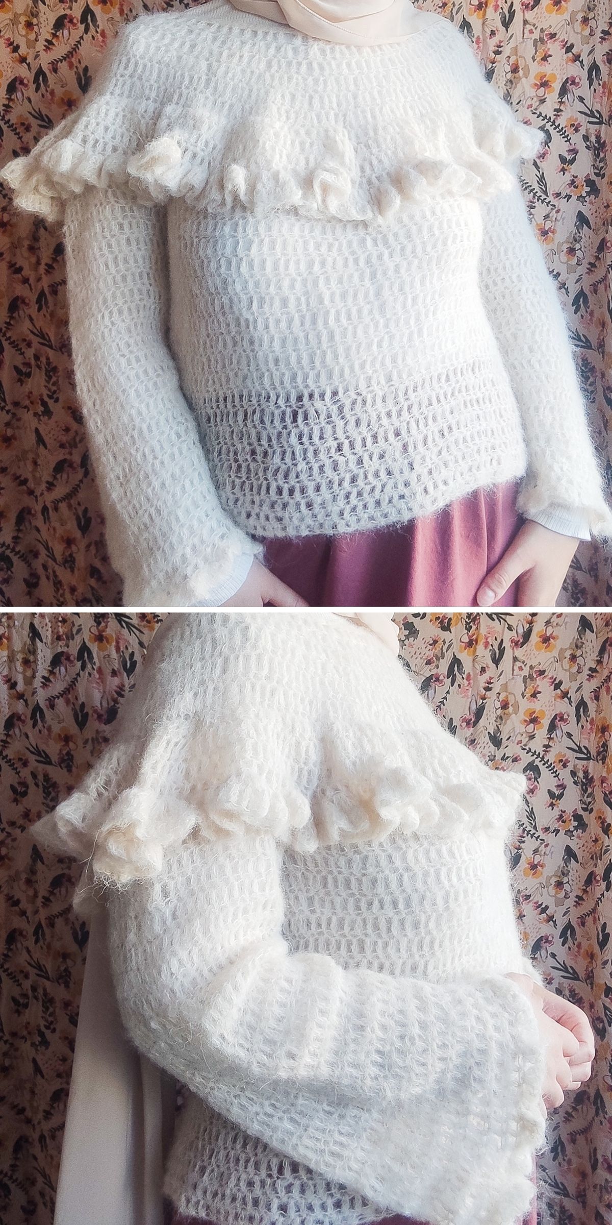 A person wearing a white, semi-sheer, long-sleeved crochet sweater with a ruffled collar.