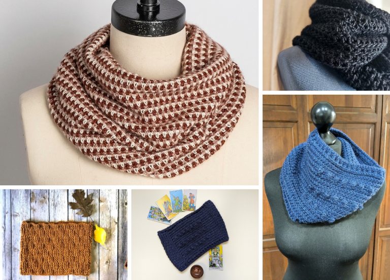 Collage of five handmade cowls in various colors and textured stitch patterns, featuring free crochet patterns displayed on mannequins and flat surfaces.
