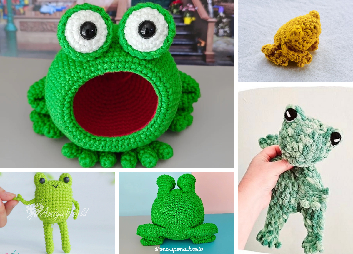 A collage of various crochet frog patterns, including a large frog-shaped bowl, a small yellow frog, a hand holding a textured green frog, and two green standing frogs.