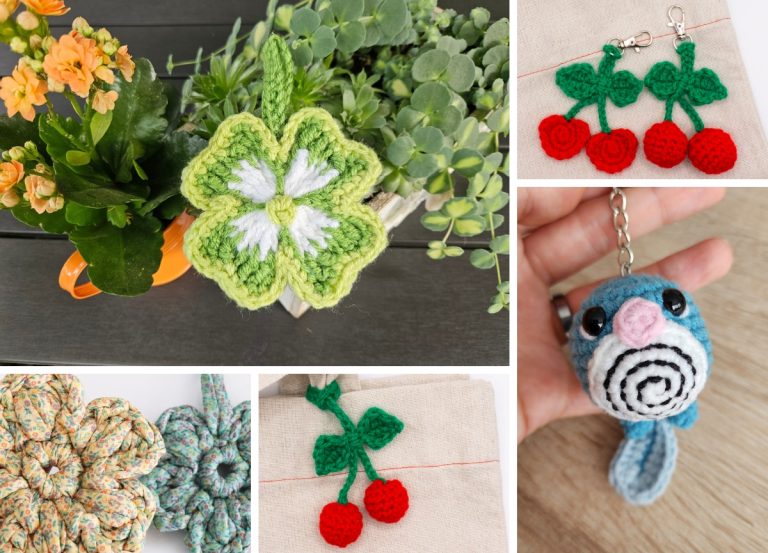 A collage of handmade items including a crochet keychain of a four-leaf clover, cherry and blue character keychains, and fabric flower ornaments.