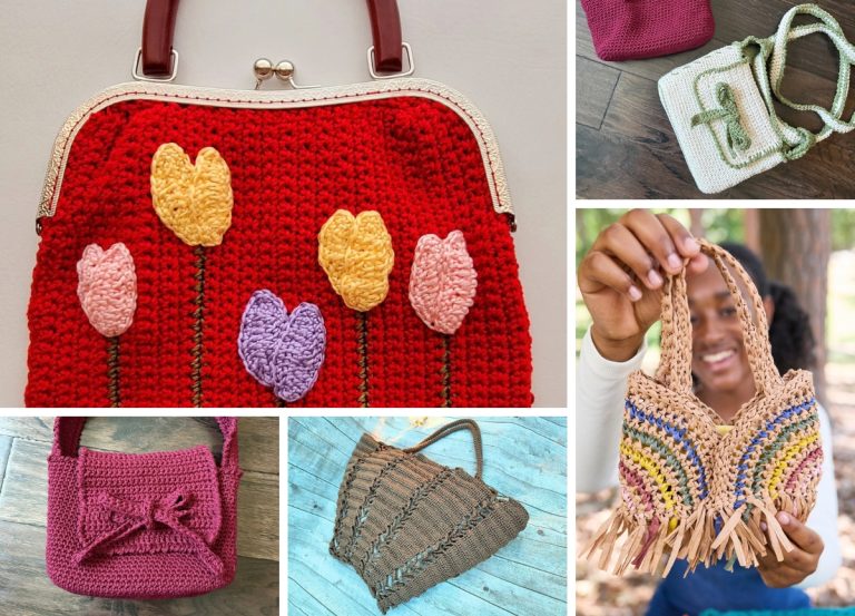 A collage of five handmade crochet purse styles, including a red frame bag with tulip applique, a cream crossbody, a magenta satchel, a brown tote, and a fringed bag held by a person.
