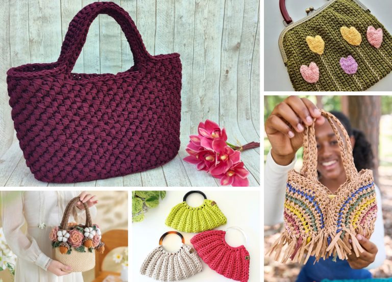 Collage showing various handmade crochet purses, including a dark purple tote, an olive green frame bag with heart appliques, and a person holding a fringed, multi-colored mini crochet purse.