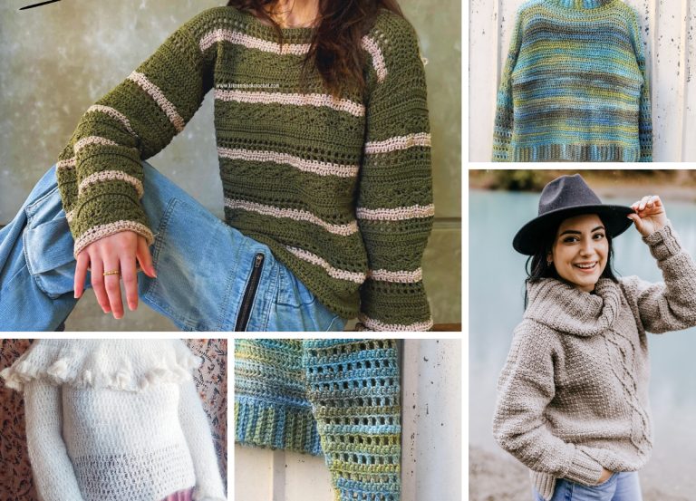 Collage of five images showing various handmade crochet sweaters, including striped, solid, and textured designs.