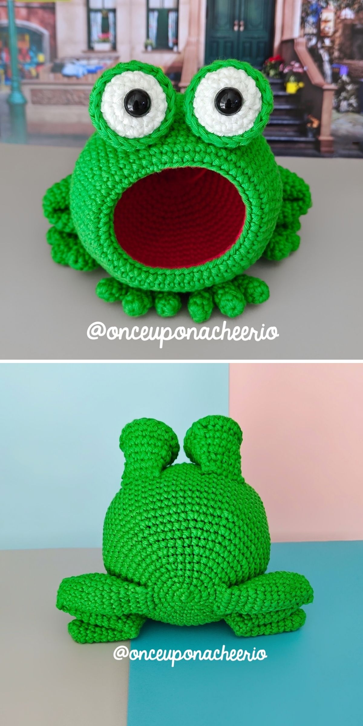 Front and back view of a crochet frog trinket bowl  featuring large eyes and an open, red-lined mouth, perfect for those looking for unique frog crochet patterns.