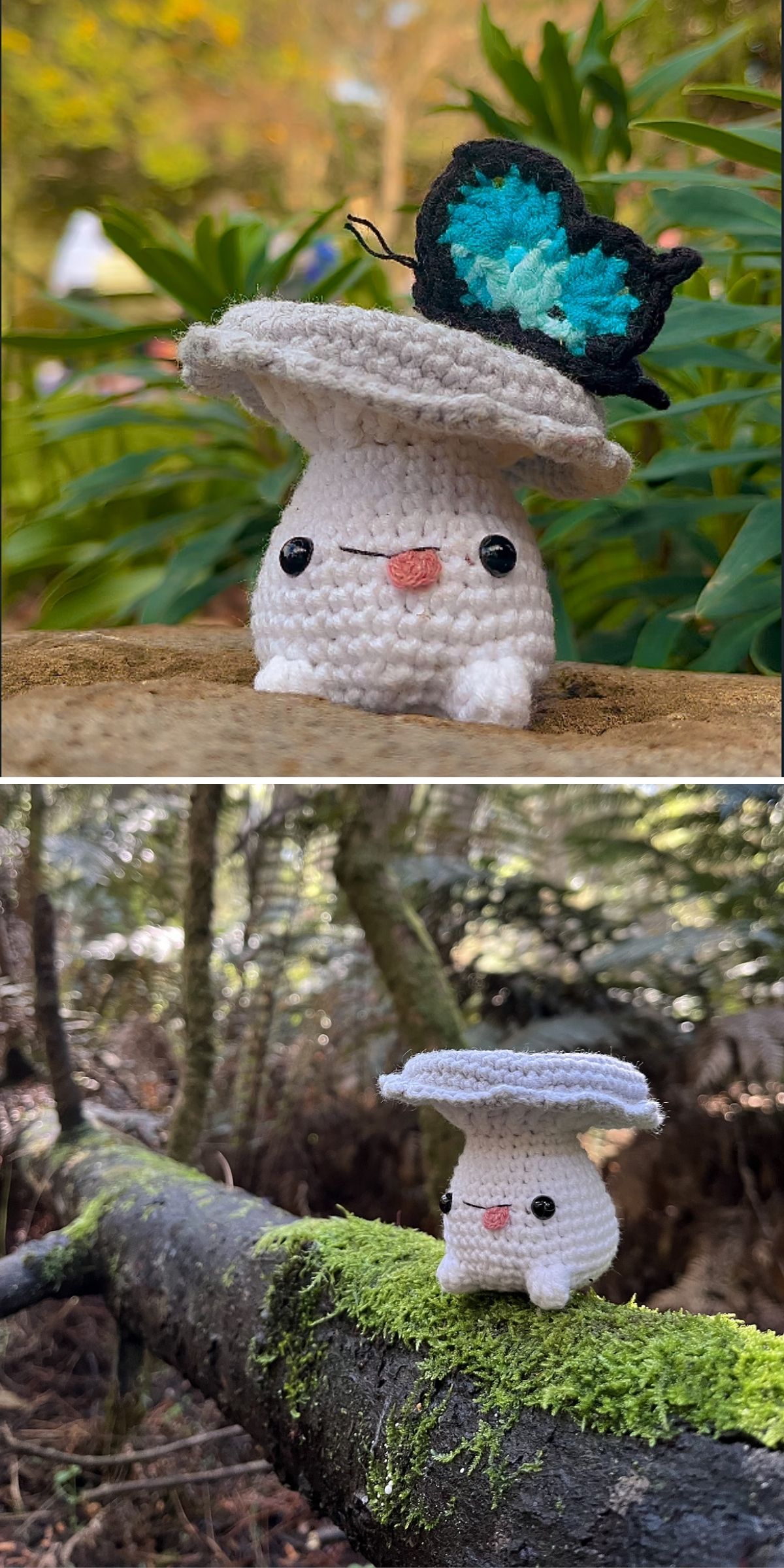 Two photos of a small white crochet mushroom with a pink tongue; one features a blue and black butterfly on its cap, and the other shows the character standing on a mossy log.
