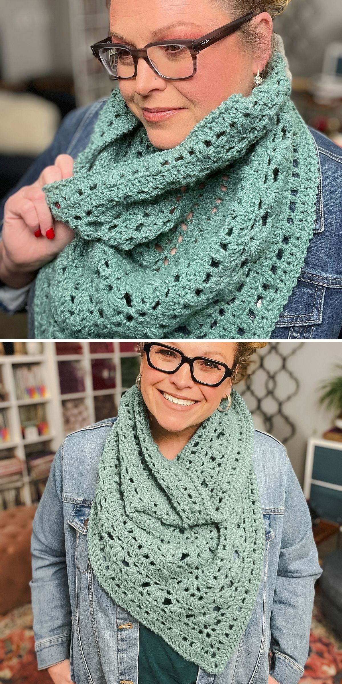 A woman wearing a light blue denim jacket and a sage green crochet cowl.