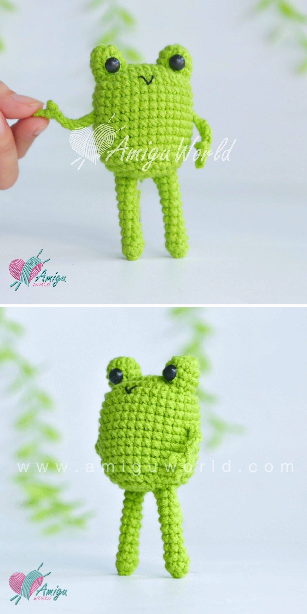 A small green crochet frog doll with black bead eyes, inspired by popular frog patterns.