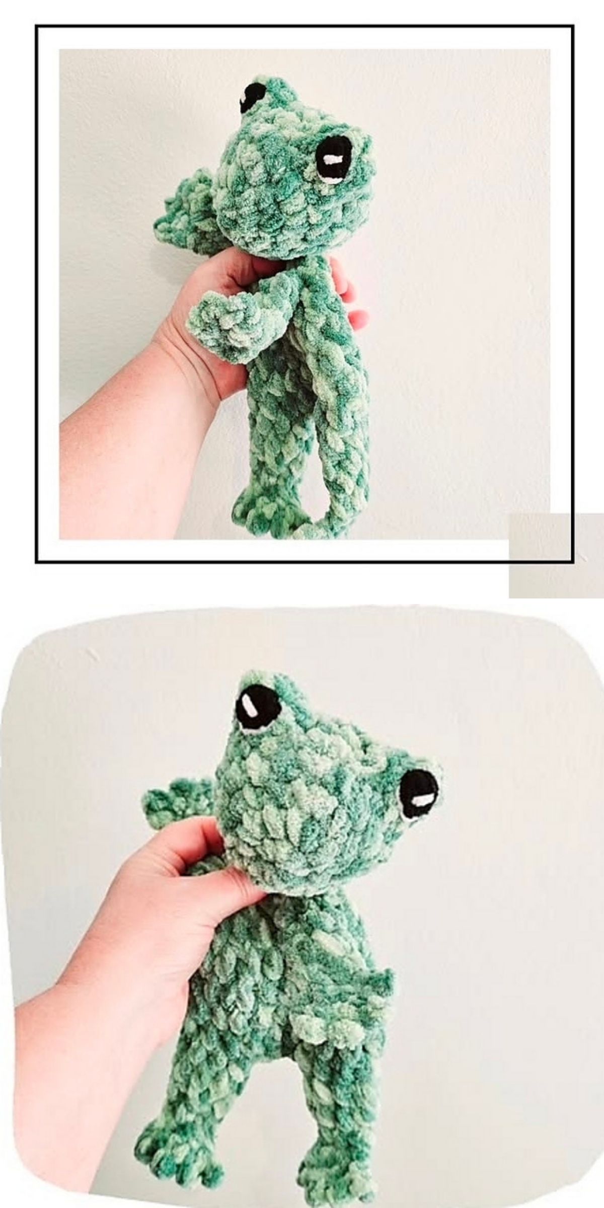 A hand holding a plush, green, textured frog crochet toy.