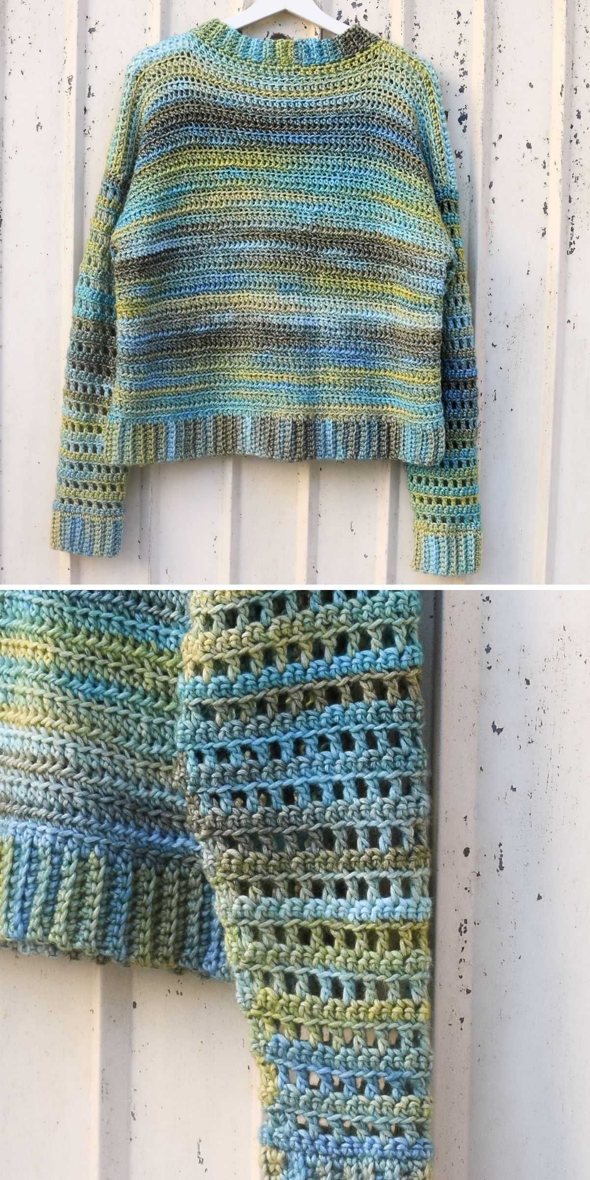 Crochet sweater in variegated blue, green, and yellow yarn featuring a ribbed hem and openwork stitch sleeves.