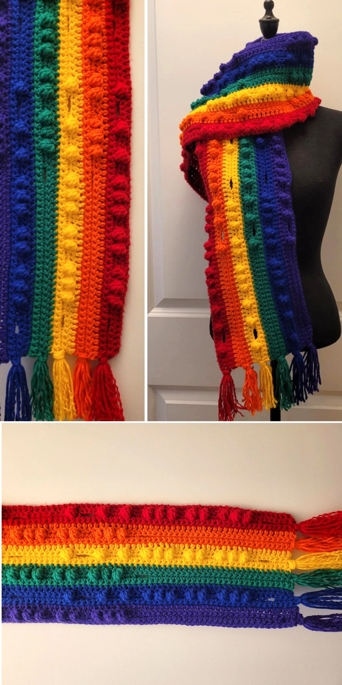 A long crochet scarf with horizontal rainbow stripes and bobble texture, finished with colorful fringe at the ends.