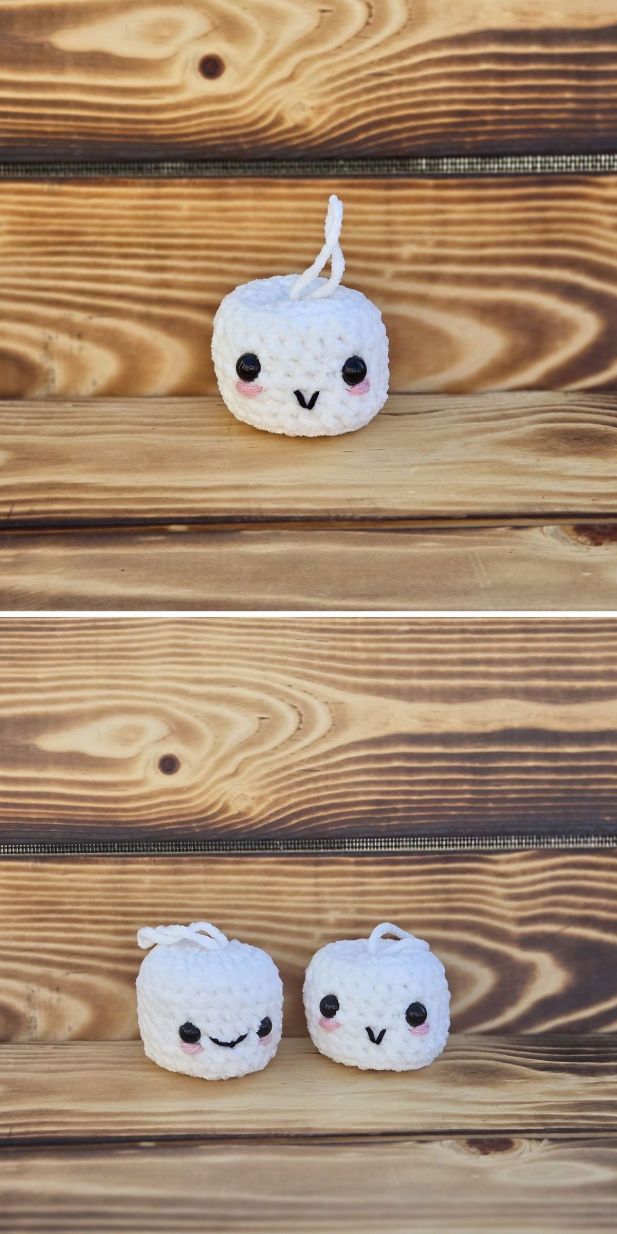 Smiling crochet marshmallow plushies.