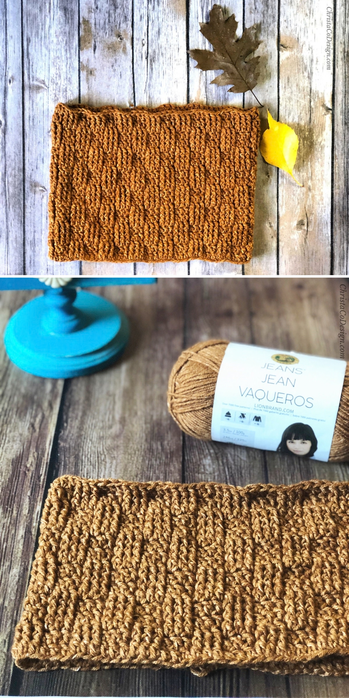 A golden-brown crochet cowl next to a matching skein of yarn, perfect for your next crochet project.