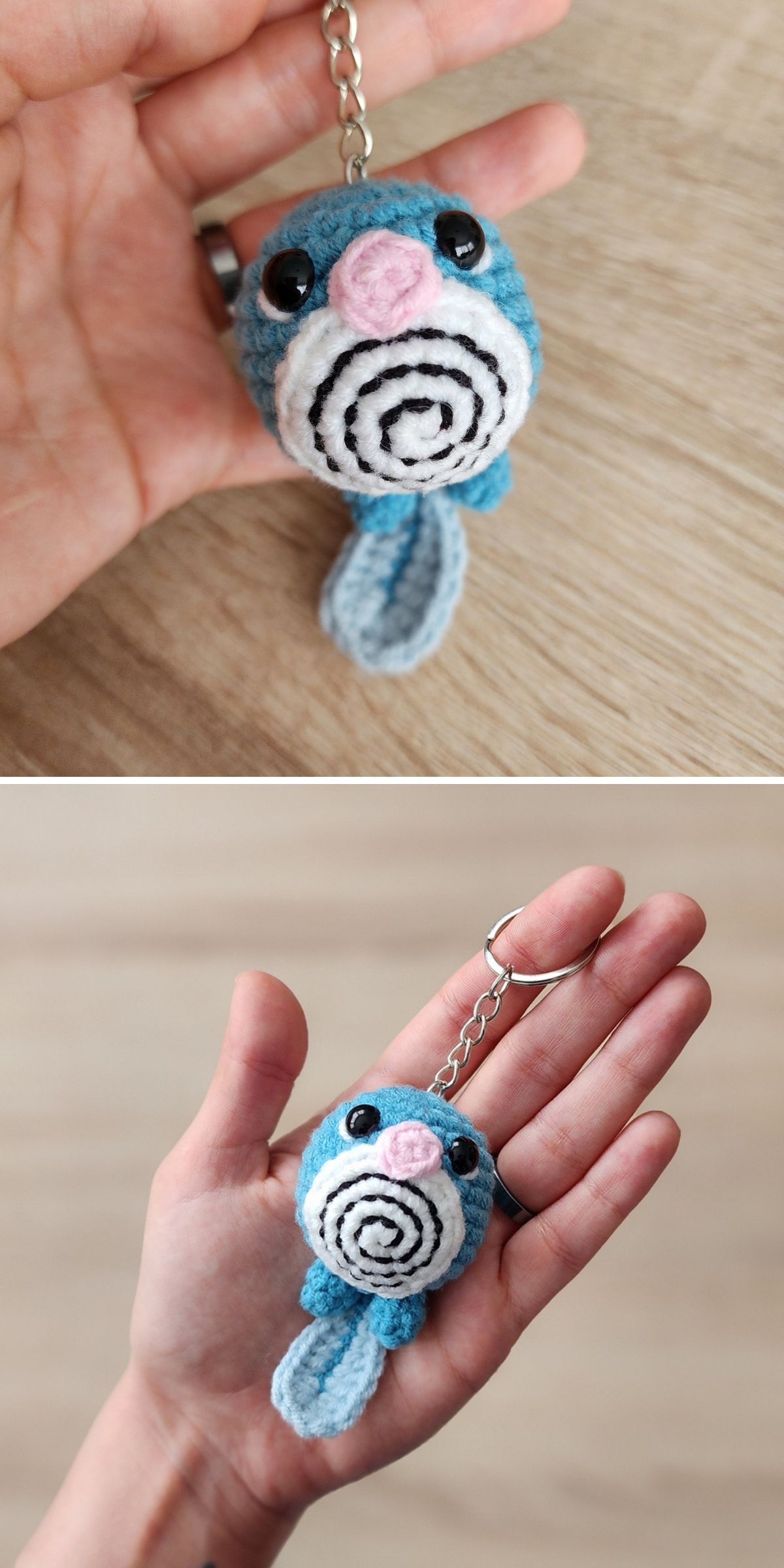 A hand holds a blue crochet keychain shaped like the Pokémon Poliwag.