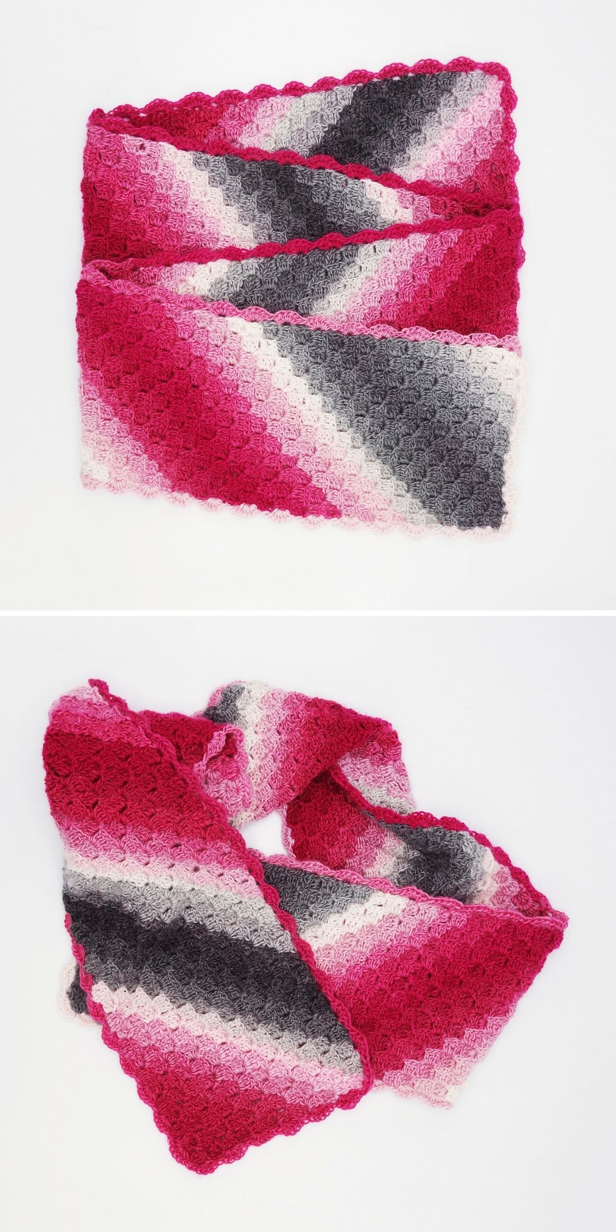 Long crochet scarf featuring diagonal stripes of pink, white, and grey with a scalloped edge.