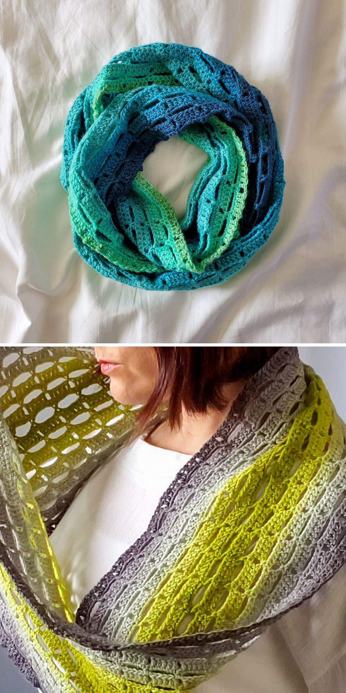 Two photos of an openwork crochet cowl infinity scarf: one shown as a coiled loop, the other worn around a person’s shoulders.