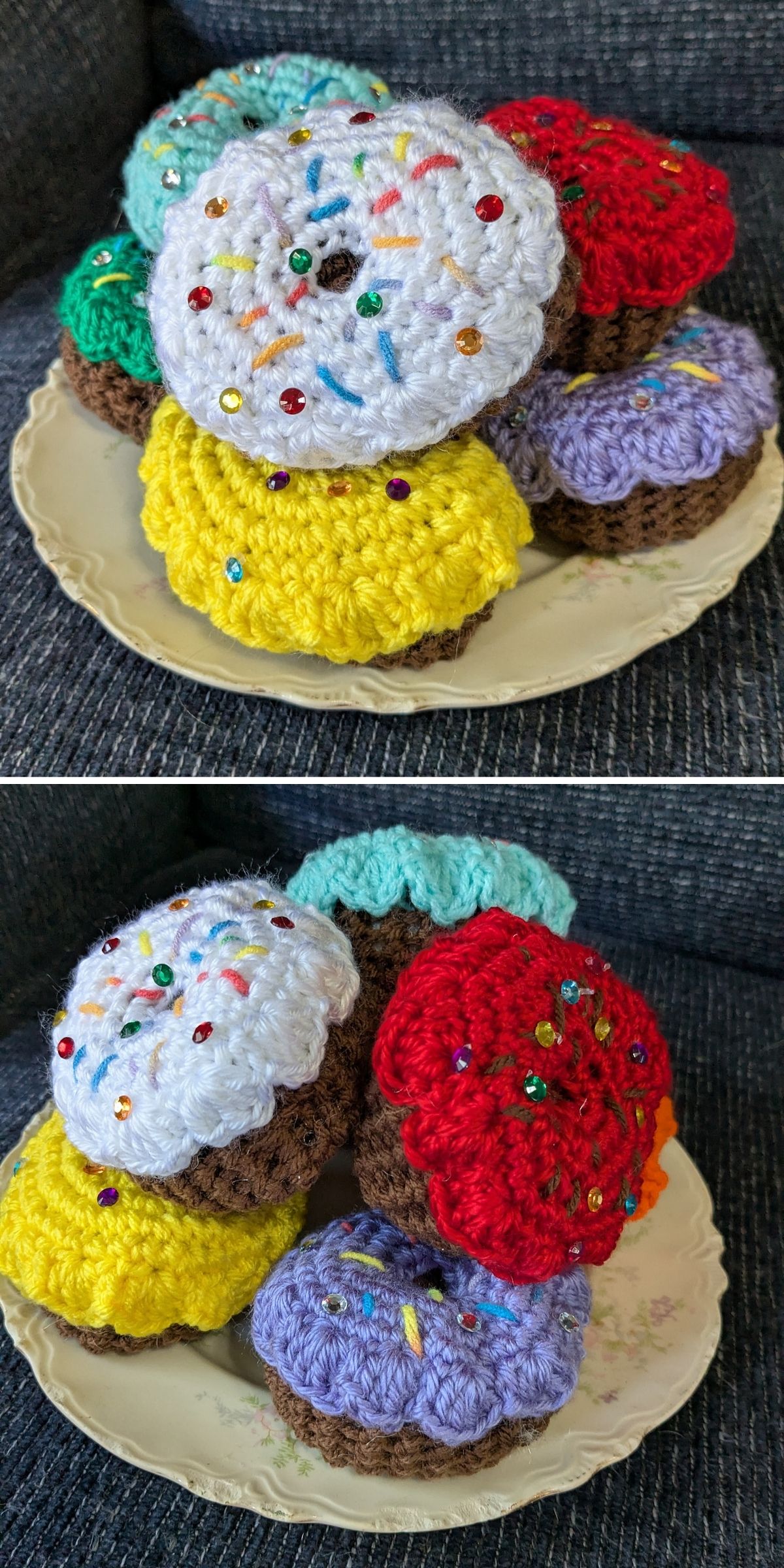 A plate of crochet dessert donuts in various colors, each topped with decorative beads.