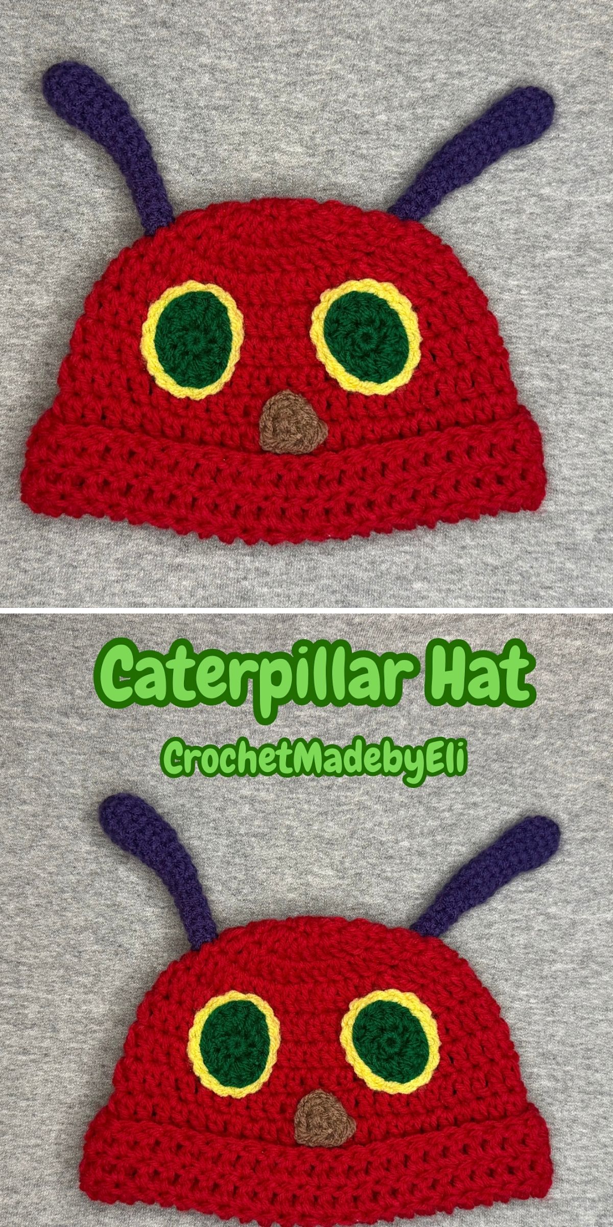 Crochet caterpillar hat with green eyes and purple antennae, featuring the text “Caterpillar Hat” and “CrochetMadebyEli.” This crochet halloween hat is shown as a playful accessory.