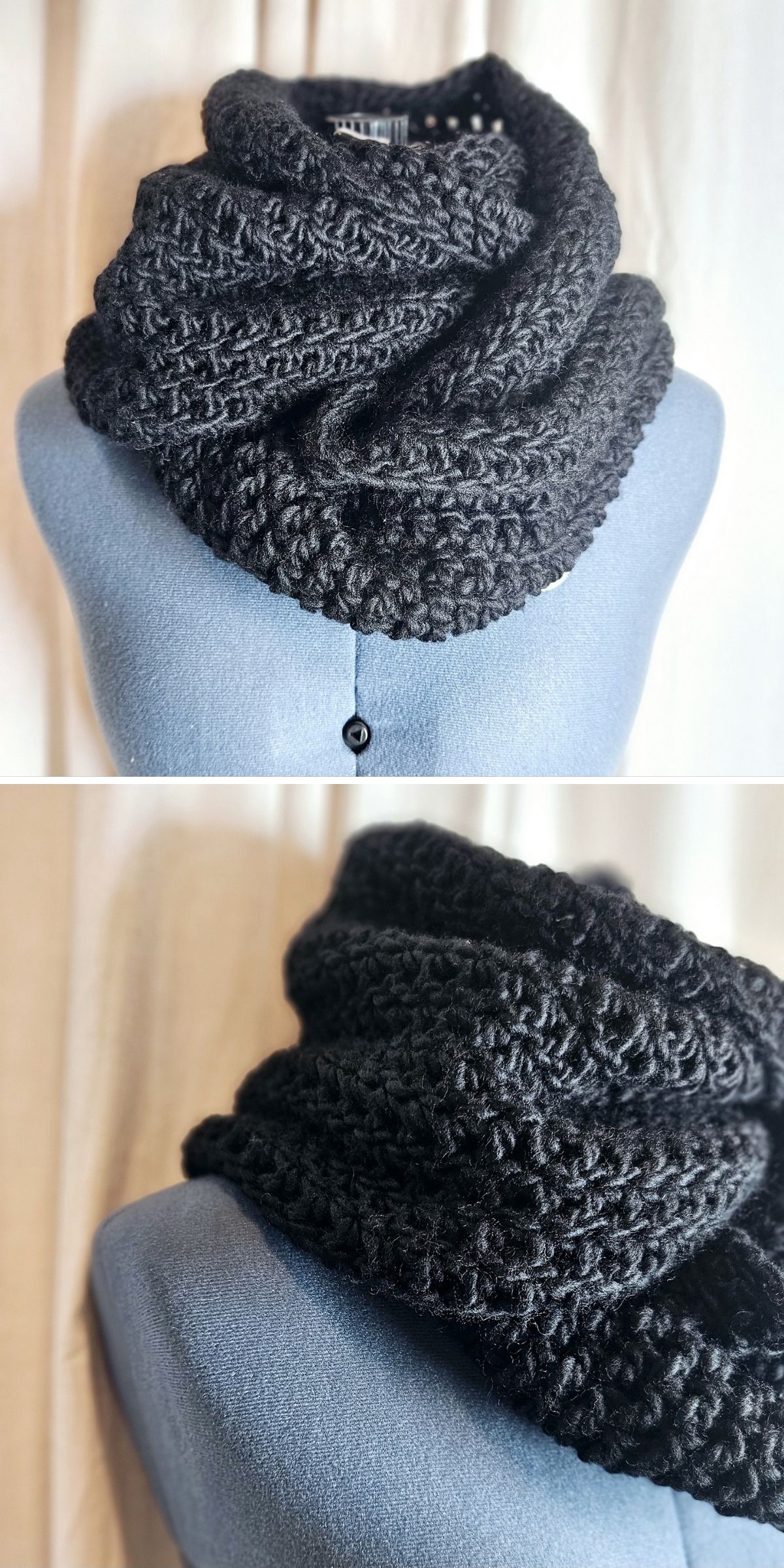 A black crochet cowl displayed on a dress form.