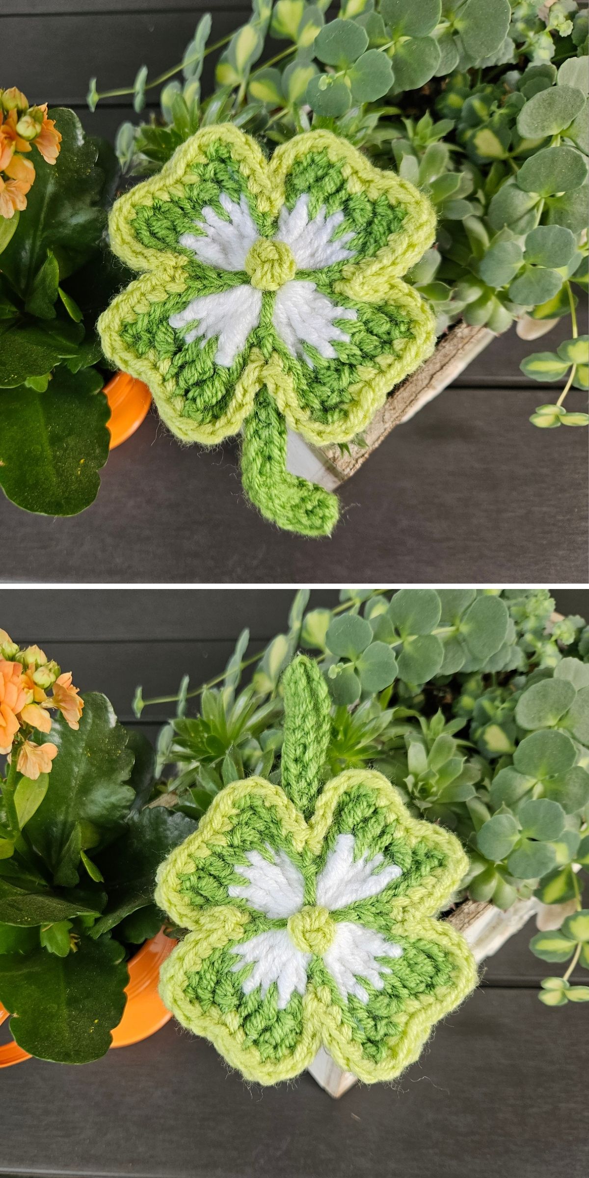 Two views of a crocheted green and white four-leaf clover keychain ornament placed near a potted plant.